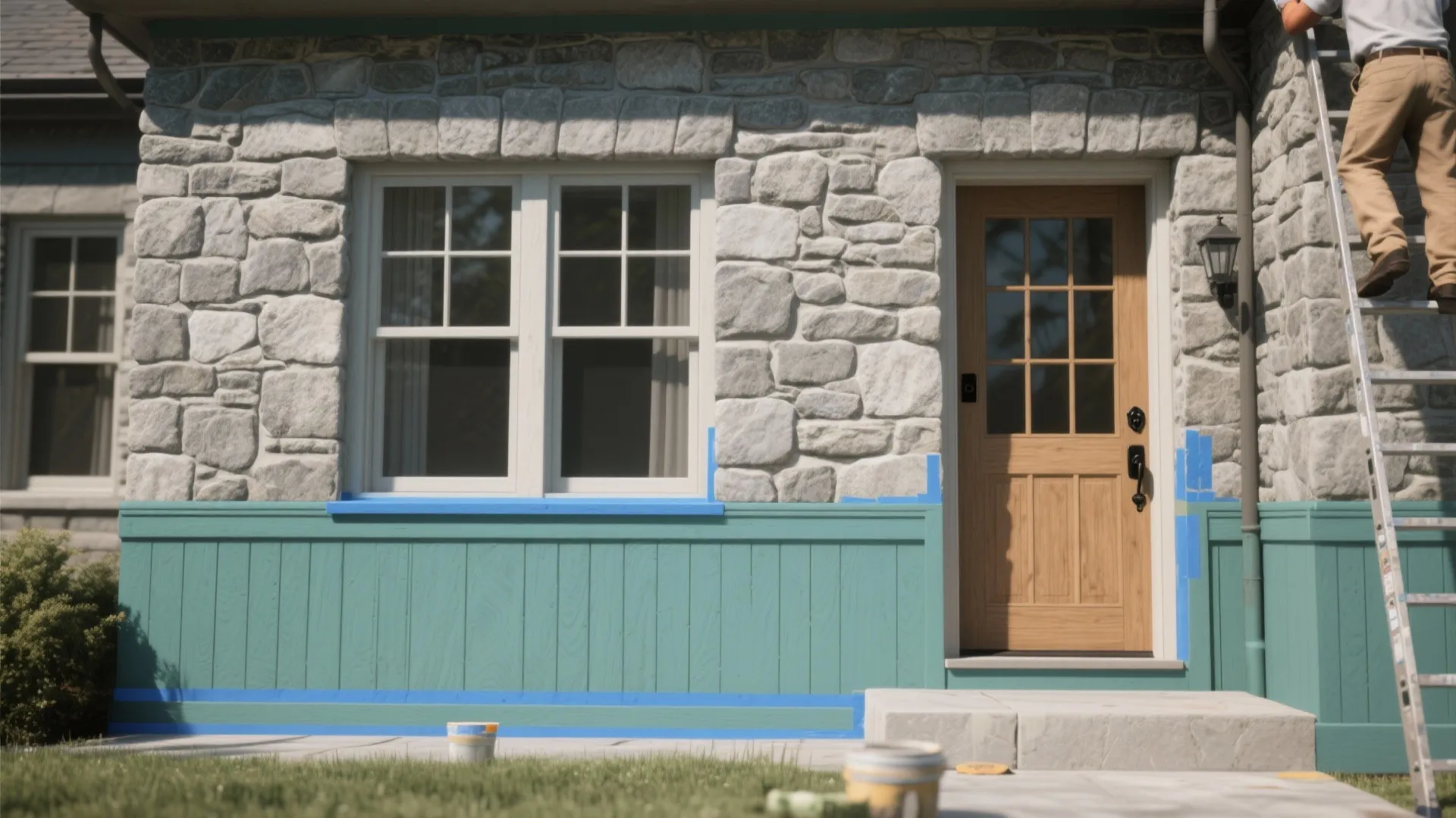Worker painting the bottom wall panel of a stone house with light blue paint color