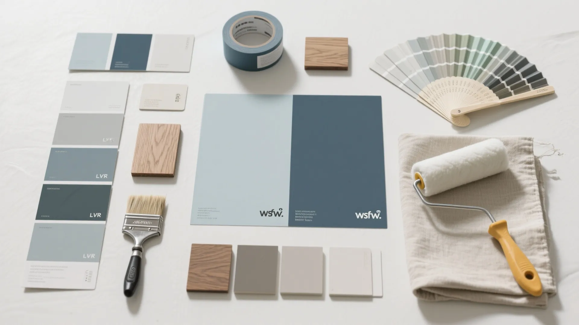 Top-down flat lay of paint swatches, wood samples, fabric, brush and roller, tape, fan deck showing light-dark two-tone planning.