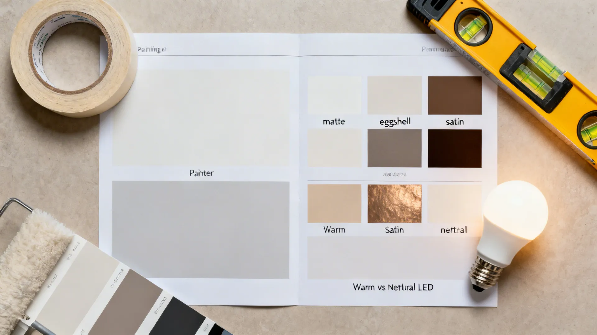Painting guide brochure with color samples level tape light bulb and paint roller on floor