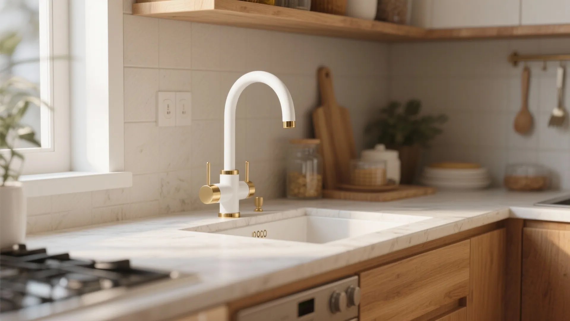 5. Two-tone white faucet with metal accents