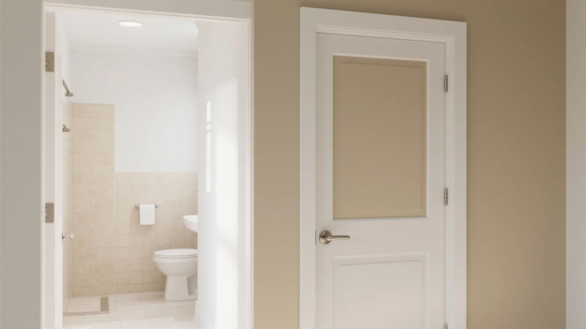 White door with beige panel opening to bathroom with toilet and light beige wall tiles