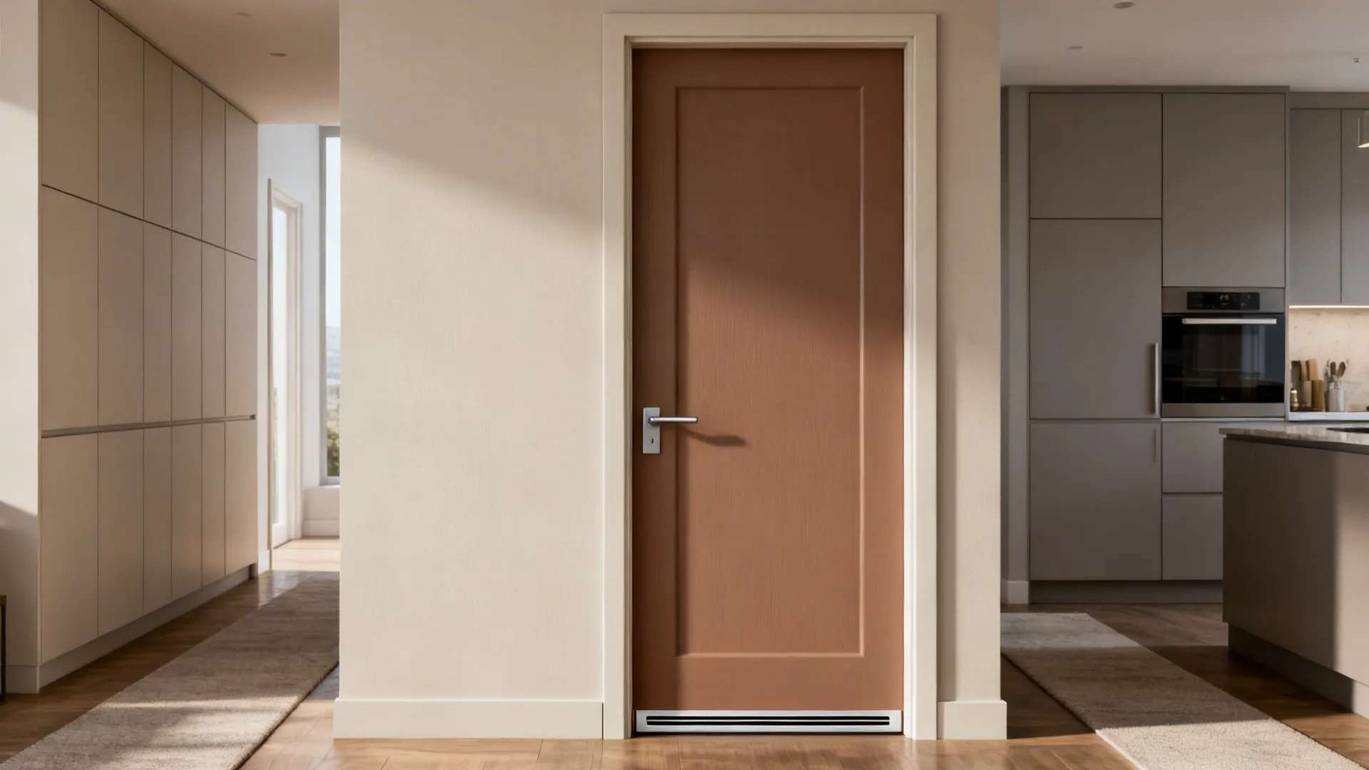 Two-tone fiberglass kitchen entry door with a slim bottom vent slot in a modern studio.
