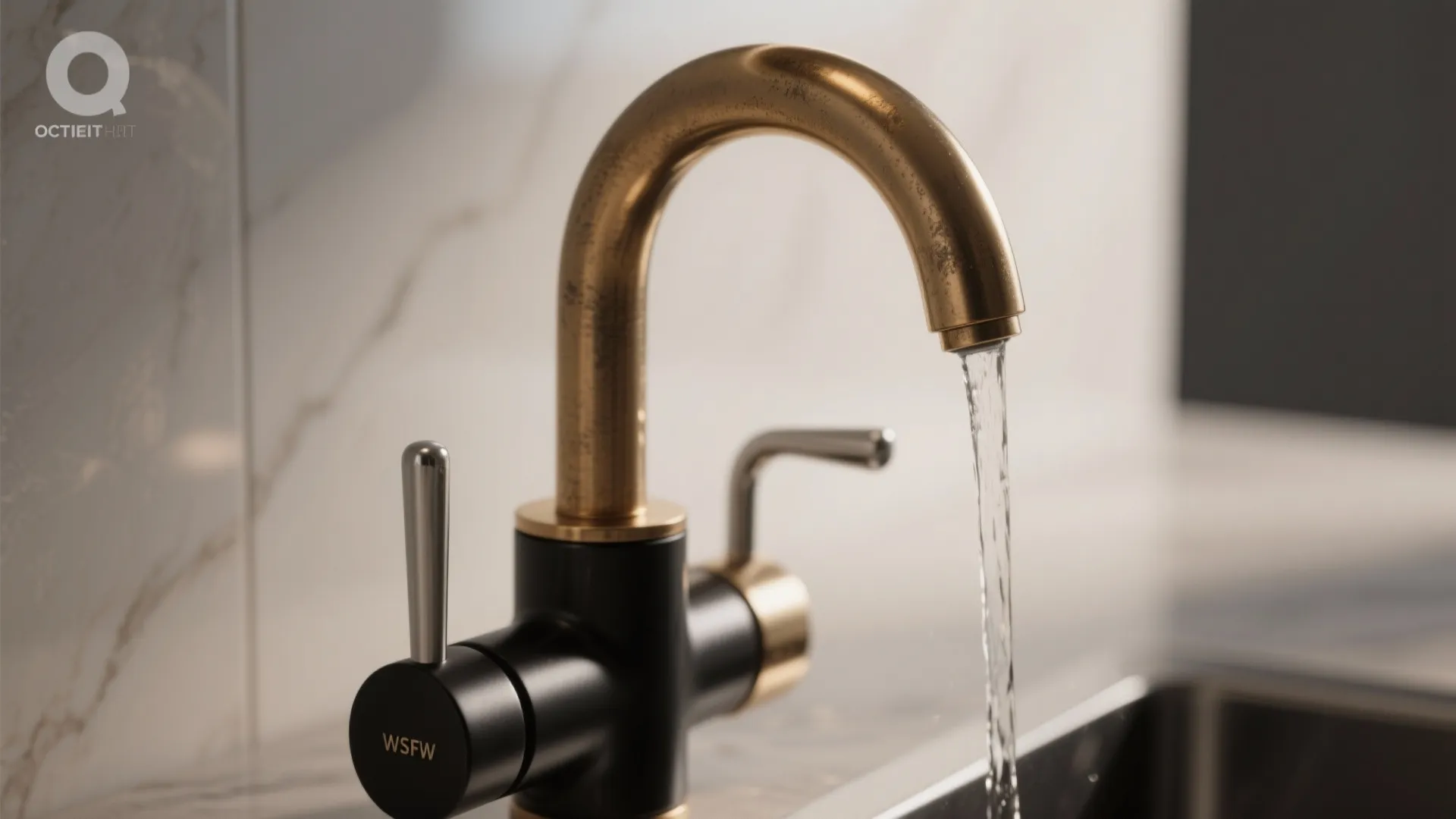 Modern gold and black kitchen faucet with running water against a white marble wall background