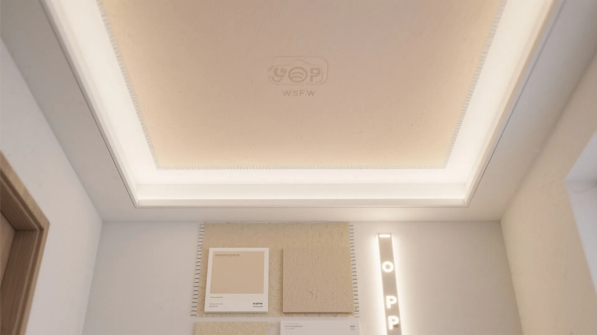 Modern interior view of a recessed ceiling with light strips, material samples, and wall decor