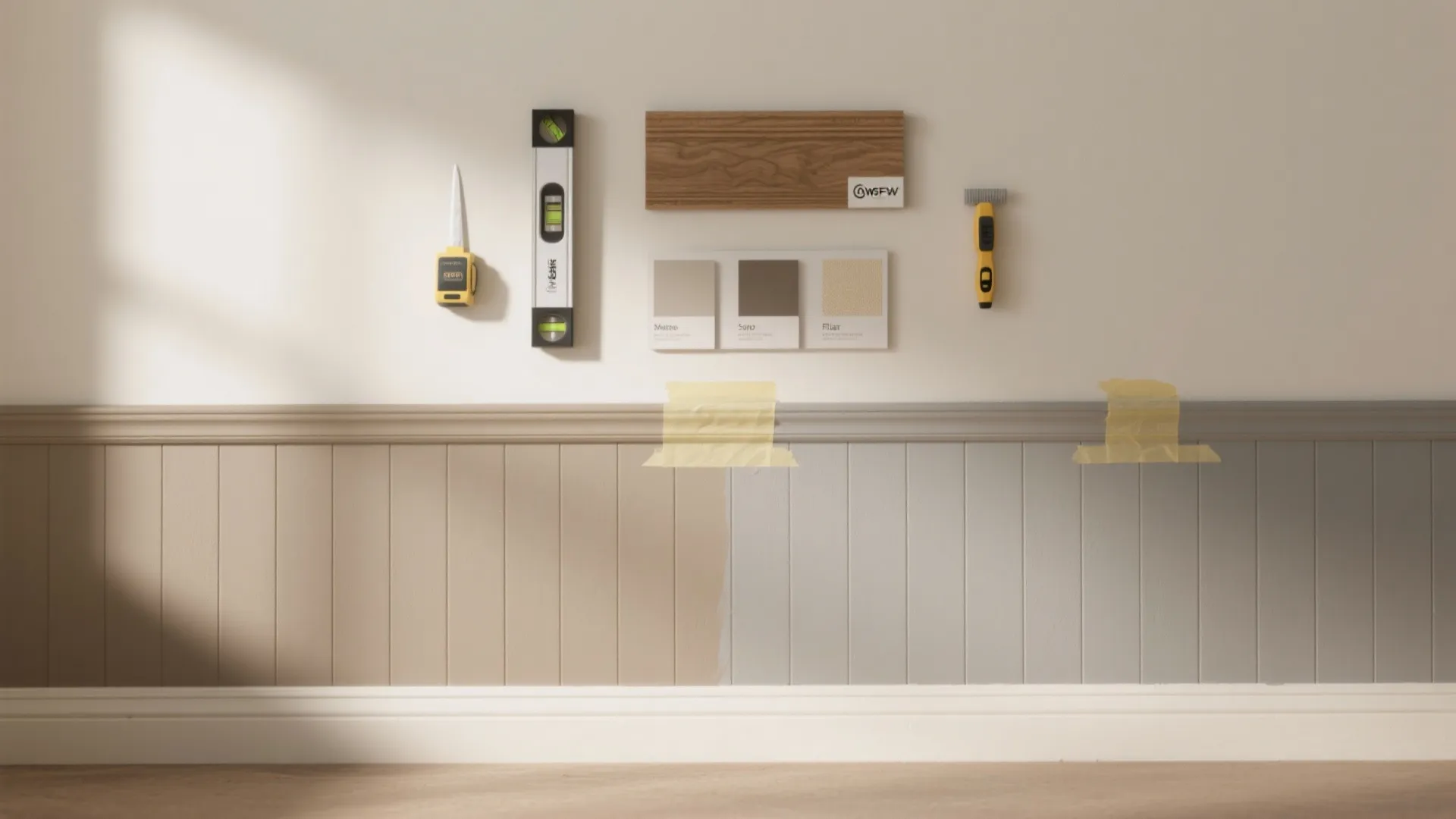 Interior design wall panel showing different paint colors with wood samples and various measuring tools