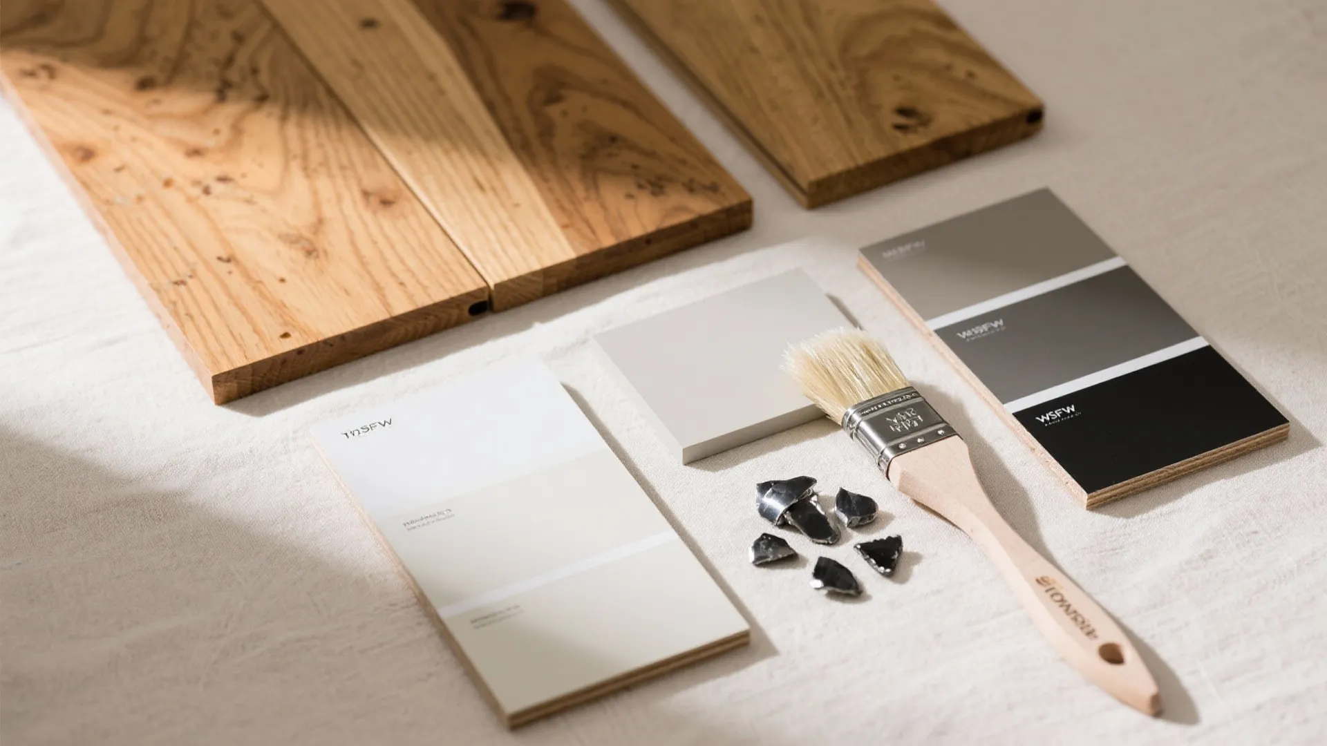 Interior design materials including wood planks paint color samples and a brush on white cloth