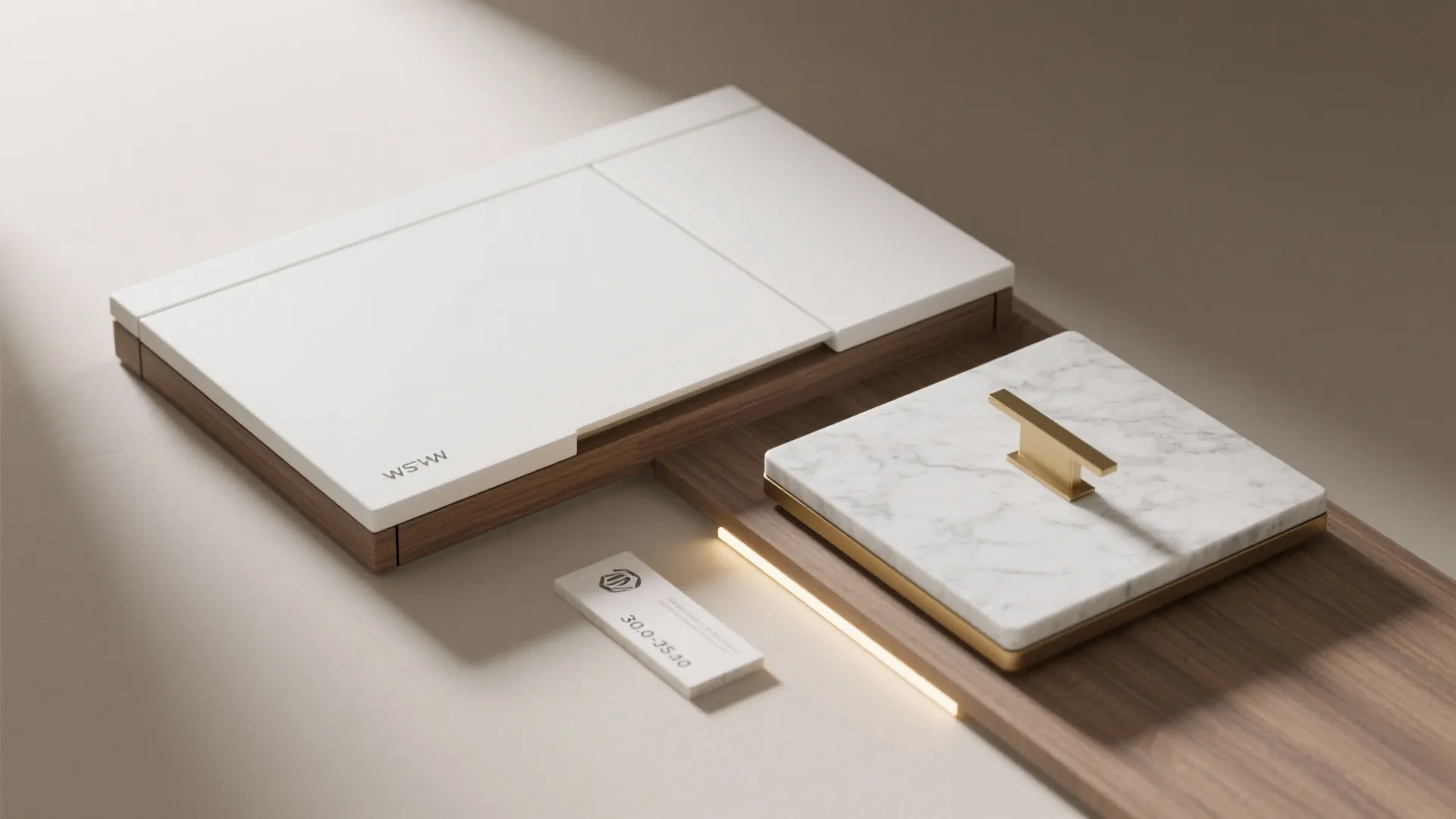 Modern kitchen cabinet materials showing white surfaces marble tile gold handle and dark wood board