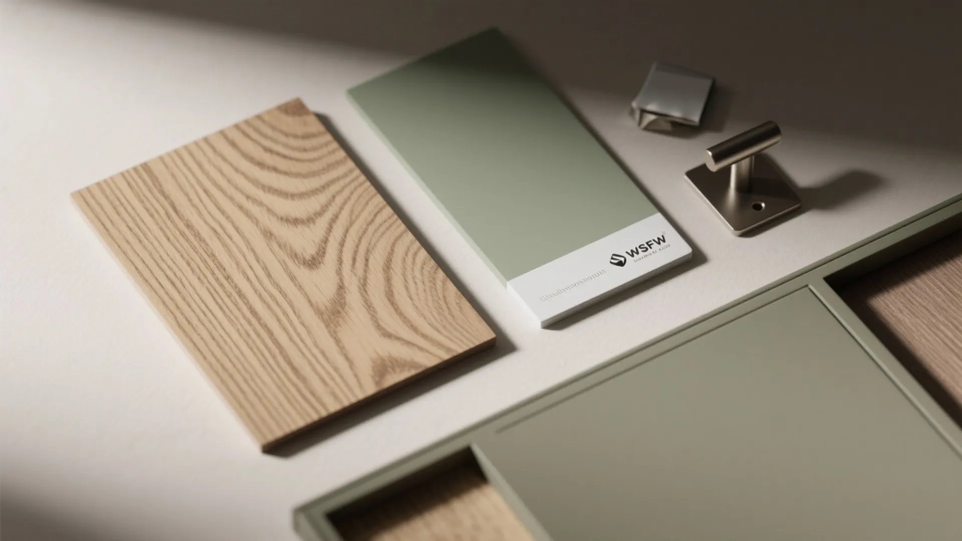 Interior design material samples showing wood panel, green color swatch, and silver metal door handles