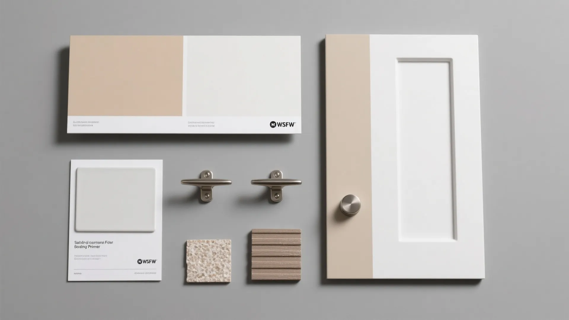 Interior design material board with beige color samples door handle wood pieces and white panel