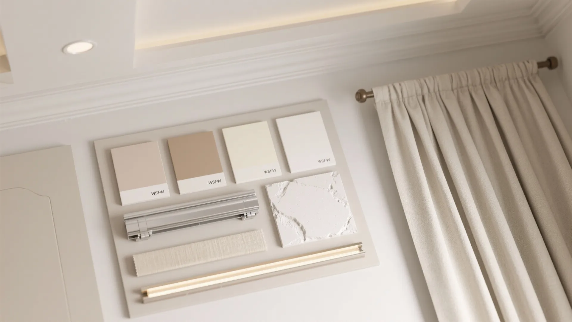 Material board showing beige color swatches fabric samples white stone and a beige window curtain