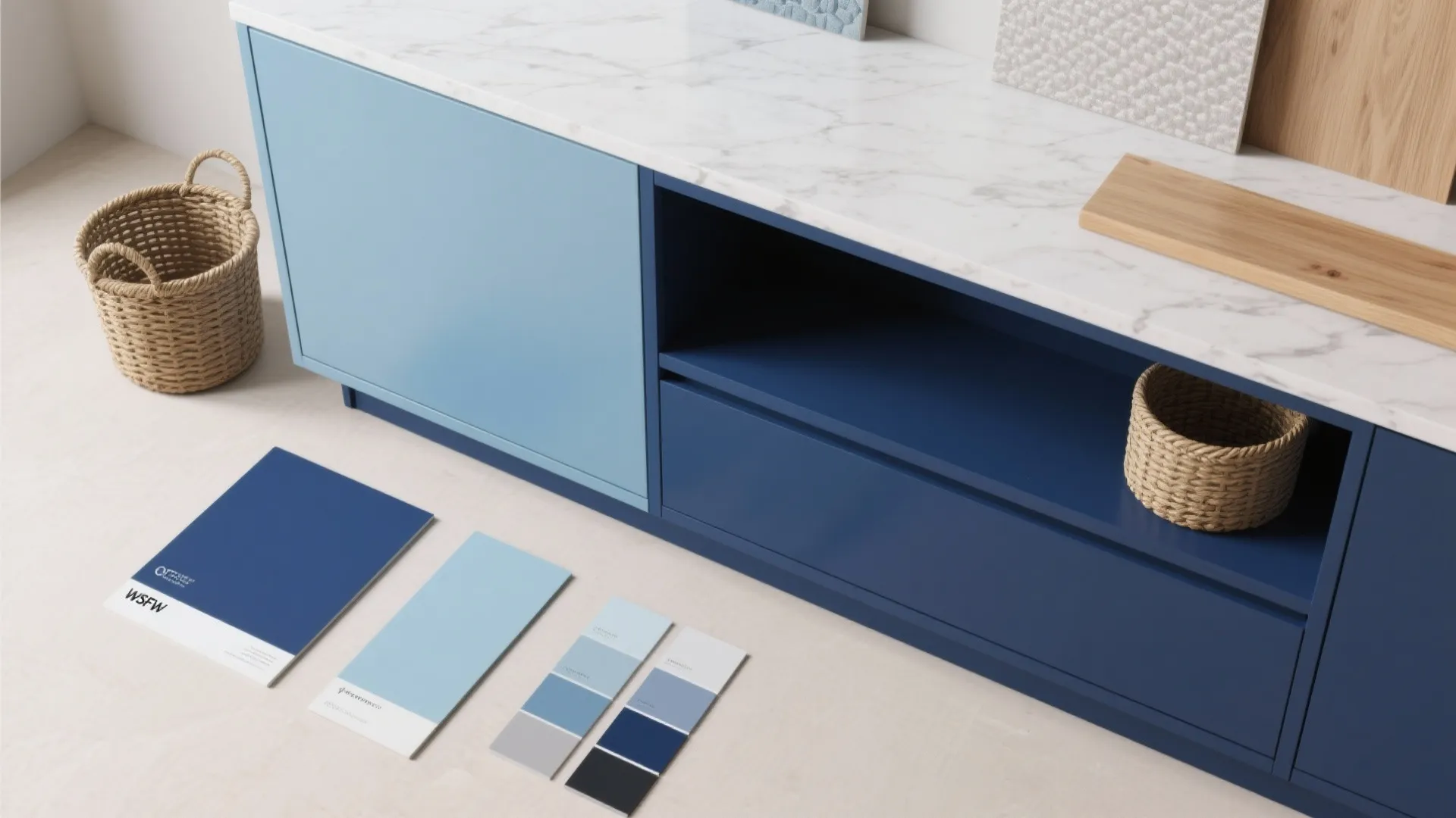 4. Two-Tone Blue Cabinet with Open Shelves