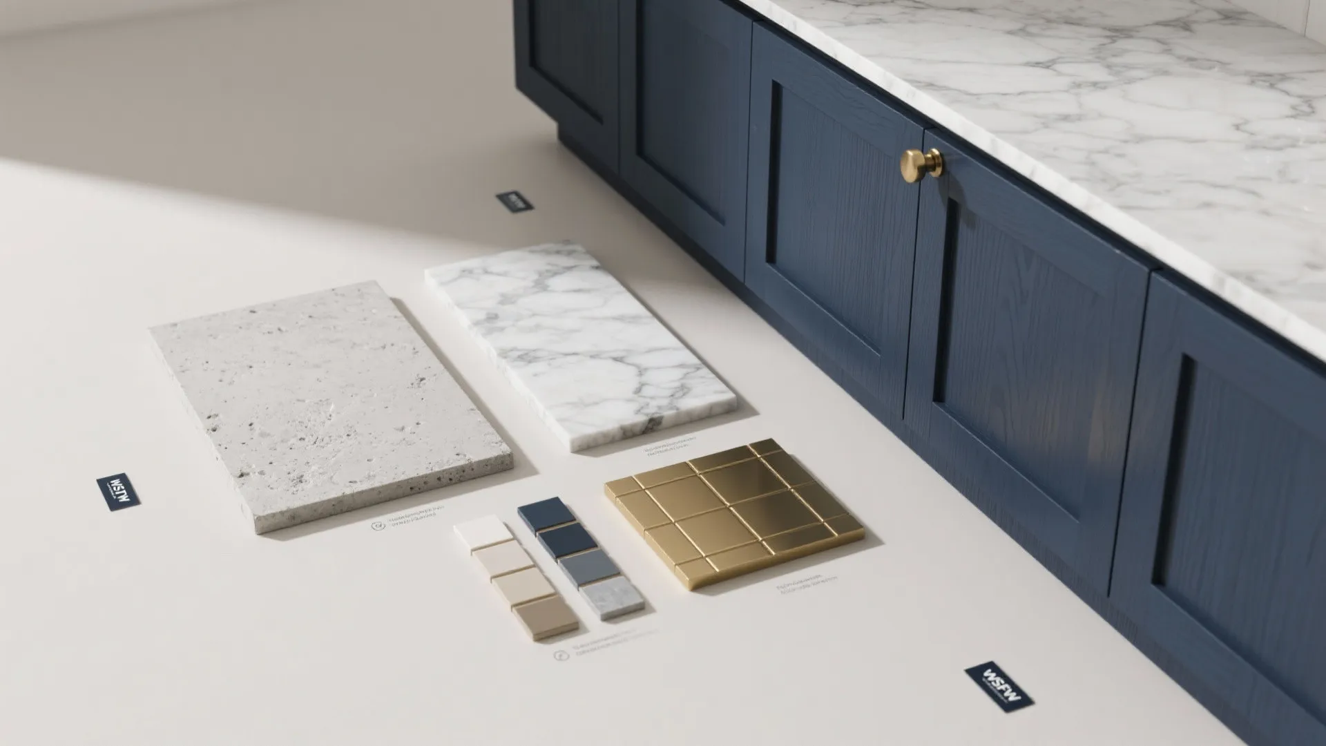 4. Two-tone design: navy base with a lighter countertop