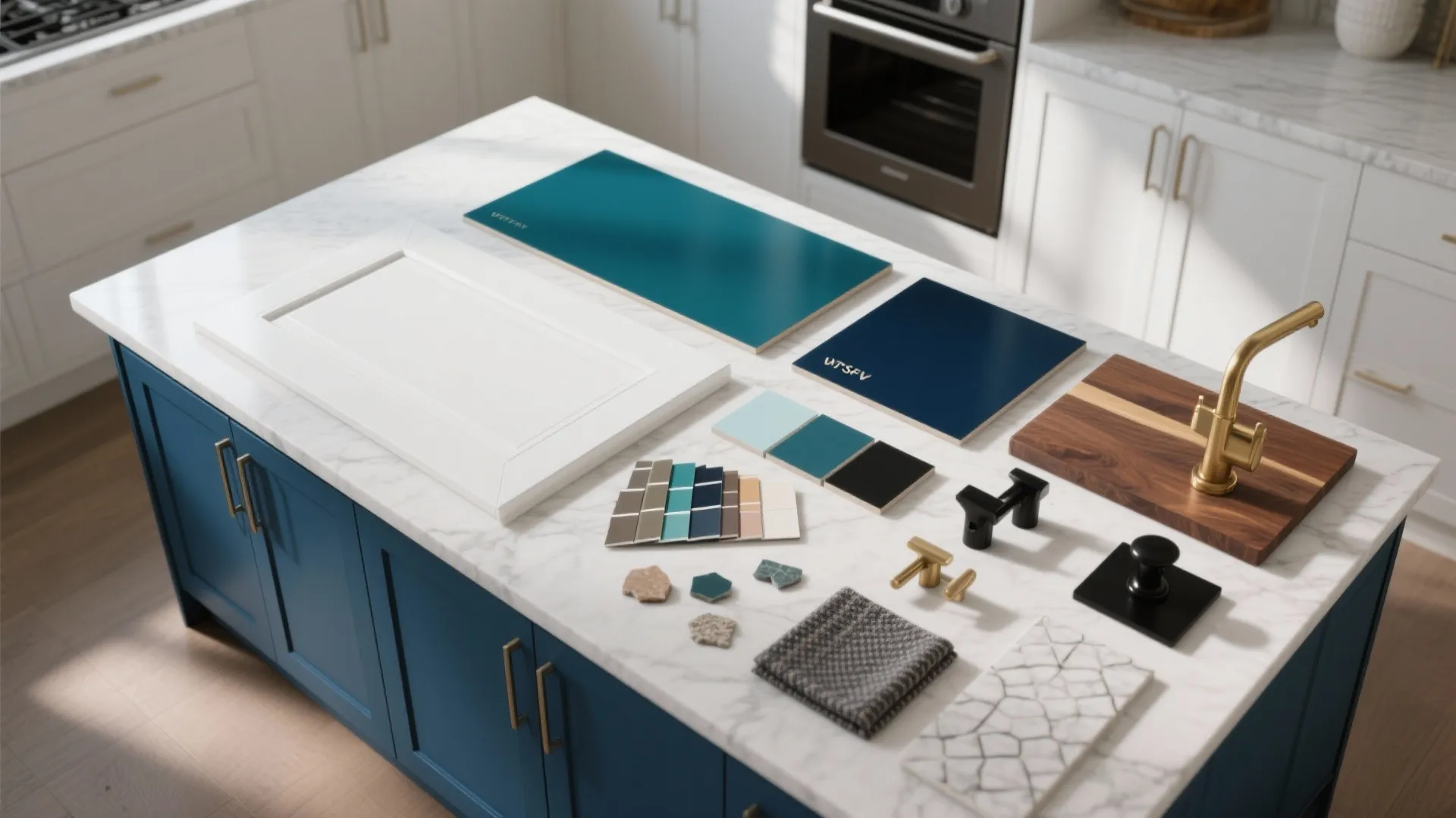 Top-down flatlay of white cabinet sample, blue countertop swatches, quartz and hardware samples.