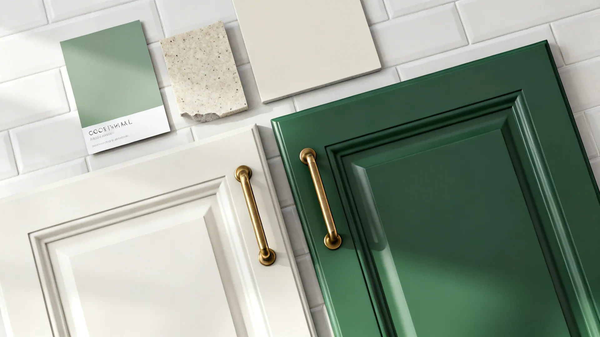 Top-down material flatlay with white and green paint swatches, brass hardware, and neutral countertop sample.