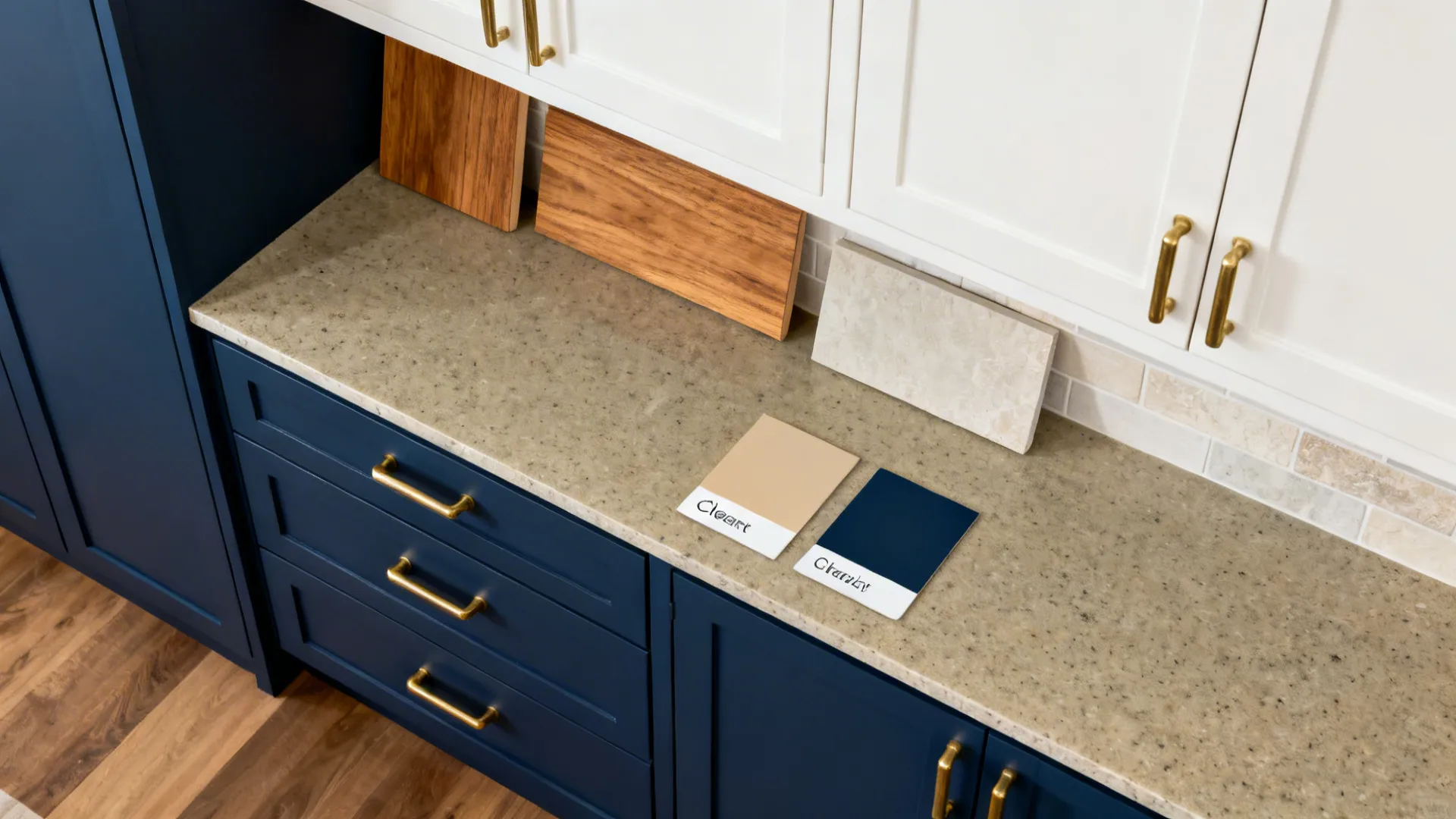 Flatlay of navy and warm white chips with oak, greige quartz, brass hardware, and light stone backsplash.