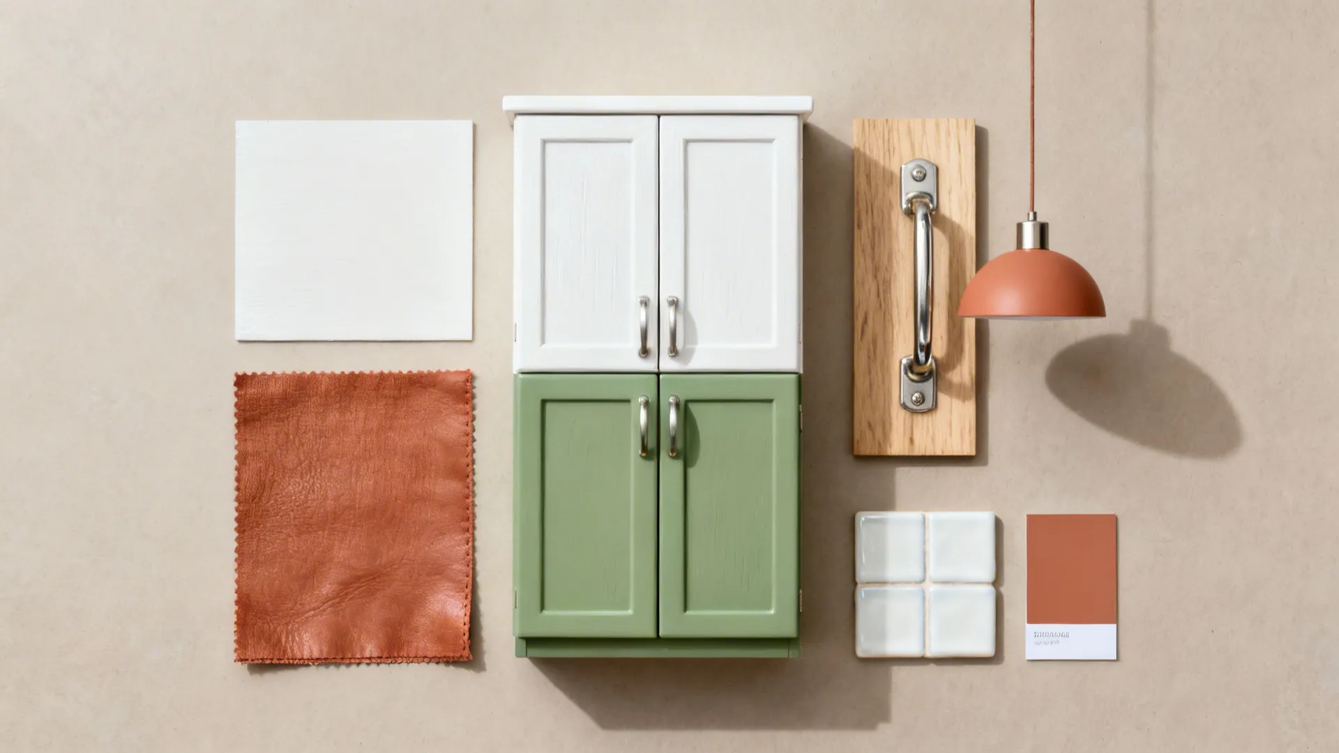 Top-down flat lay showing white, green, terracotta, oak, and nickel samples.