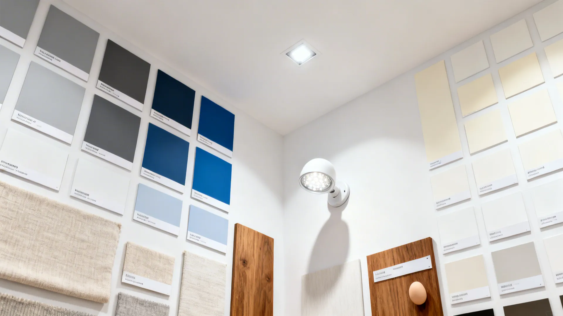 Flatlay of mineral gray ceiling paints, light wall samples, and wall washer fixture for two-tone scheme.