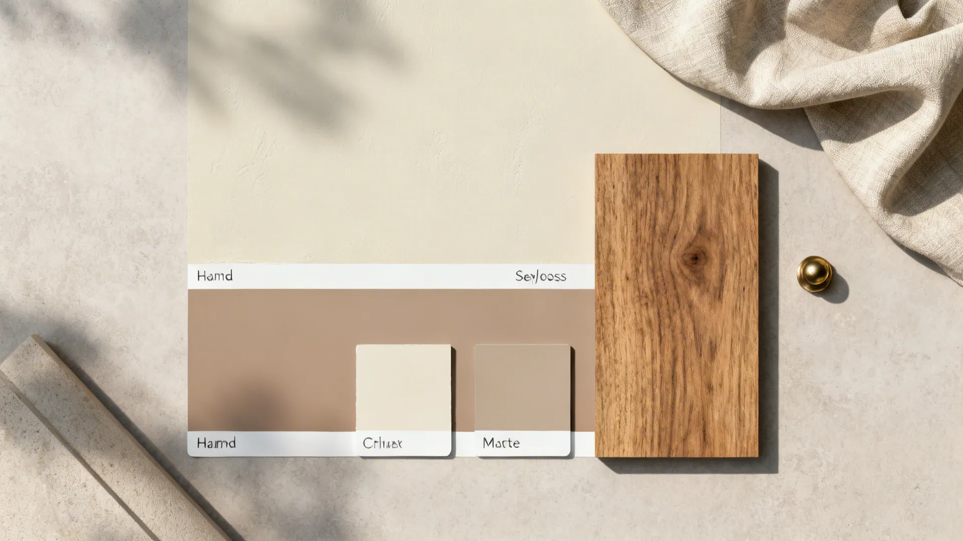 Material board showing wood piece paint colors soft fabric and a small brass door knob