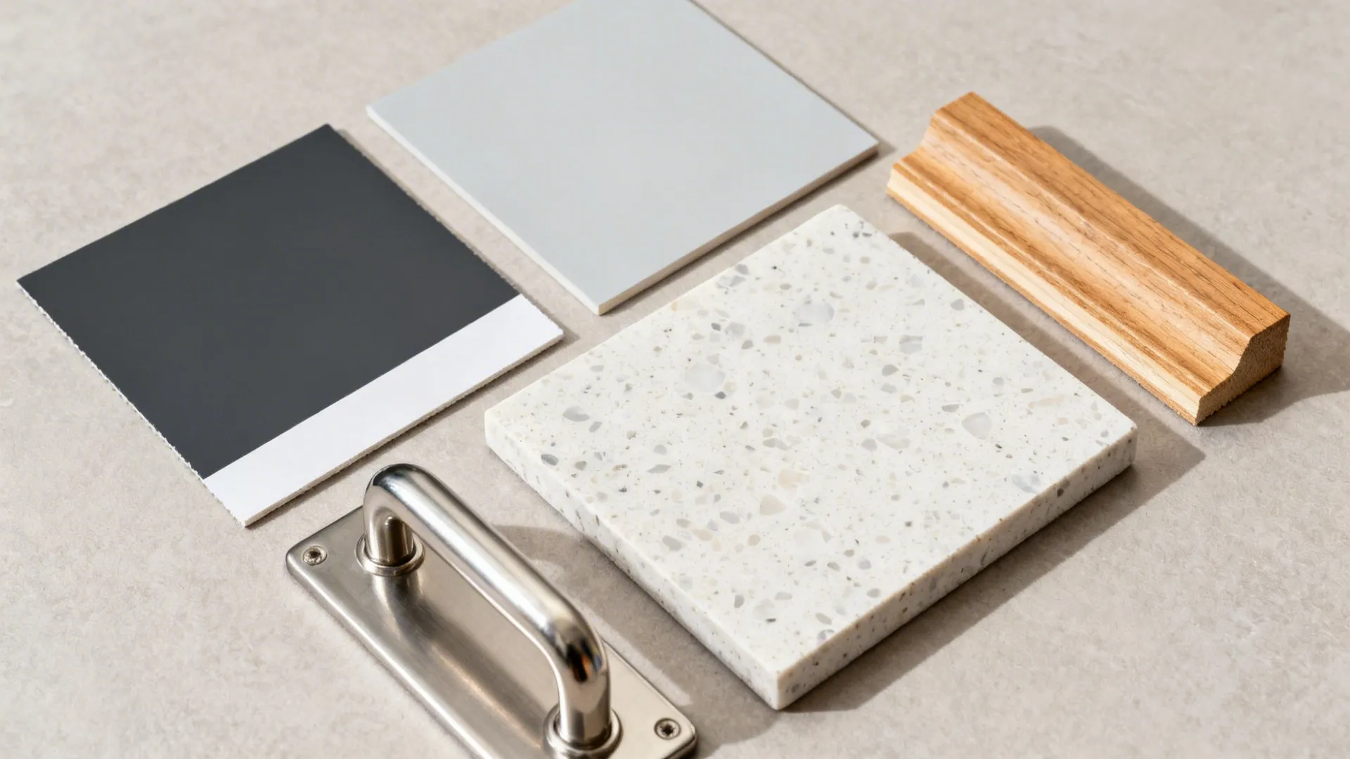 Interior design material board with grey tiles wood trim stone sample and a metal handle