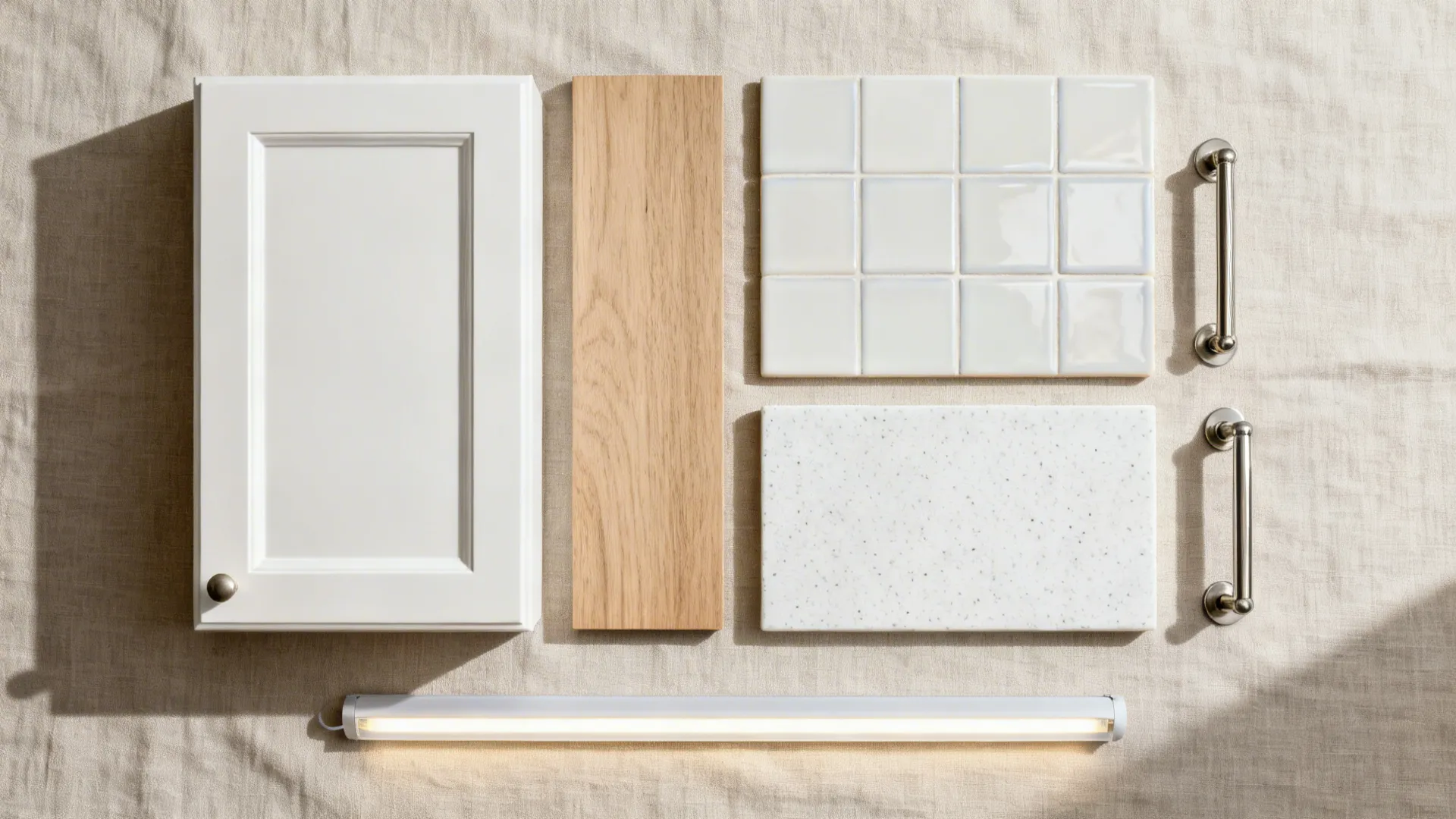 Material flat lay with white satin cabinet, oak, matte quartz, and glazed tile.