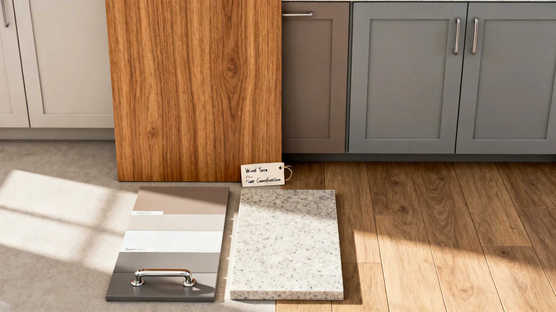 Flat lay of warm oak veneer with matte taupe and gray swatches and satin quartz sample.