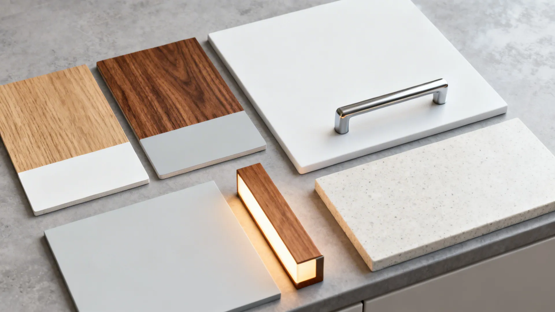 Flatlay of wood veneers, light paint chips, quartz, and metal hardware for a two-tone kitchen.