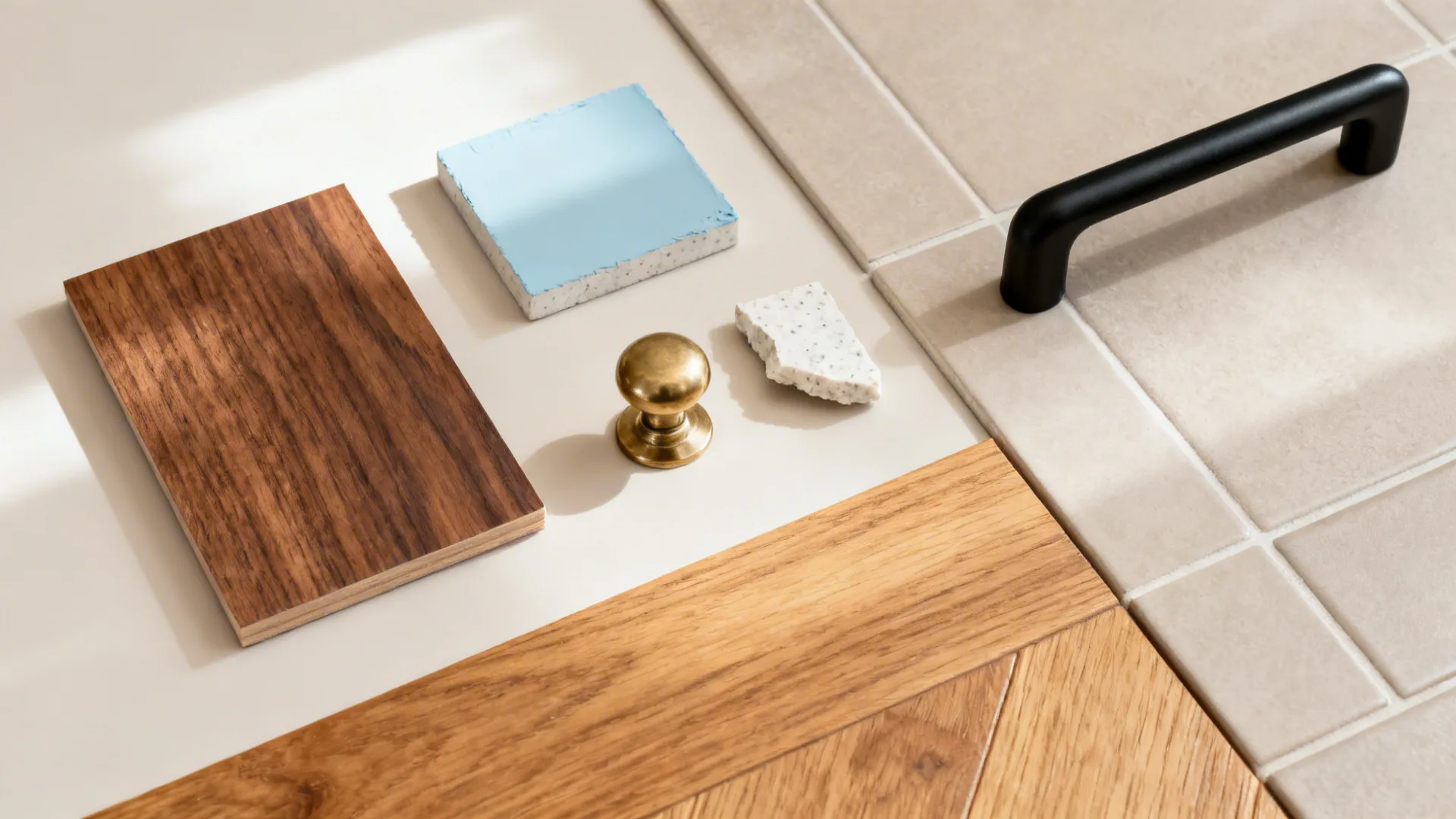 Top-down flatlay of walnut, pale blue paint, quartz, brass, black hardware, and tile.