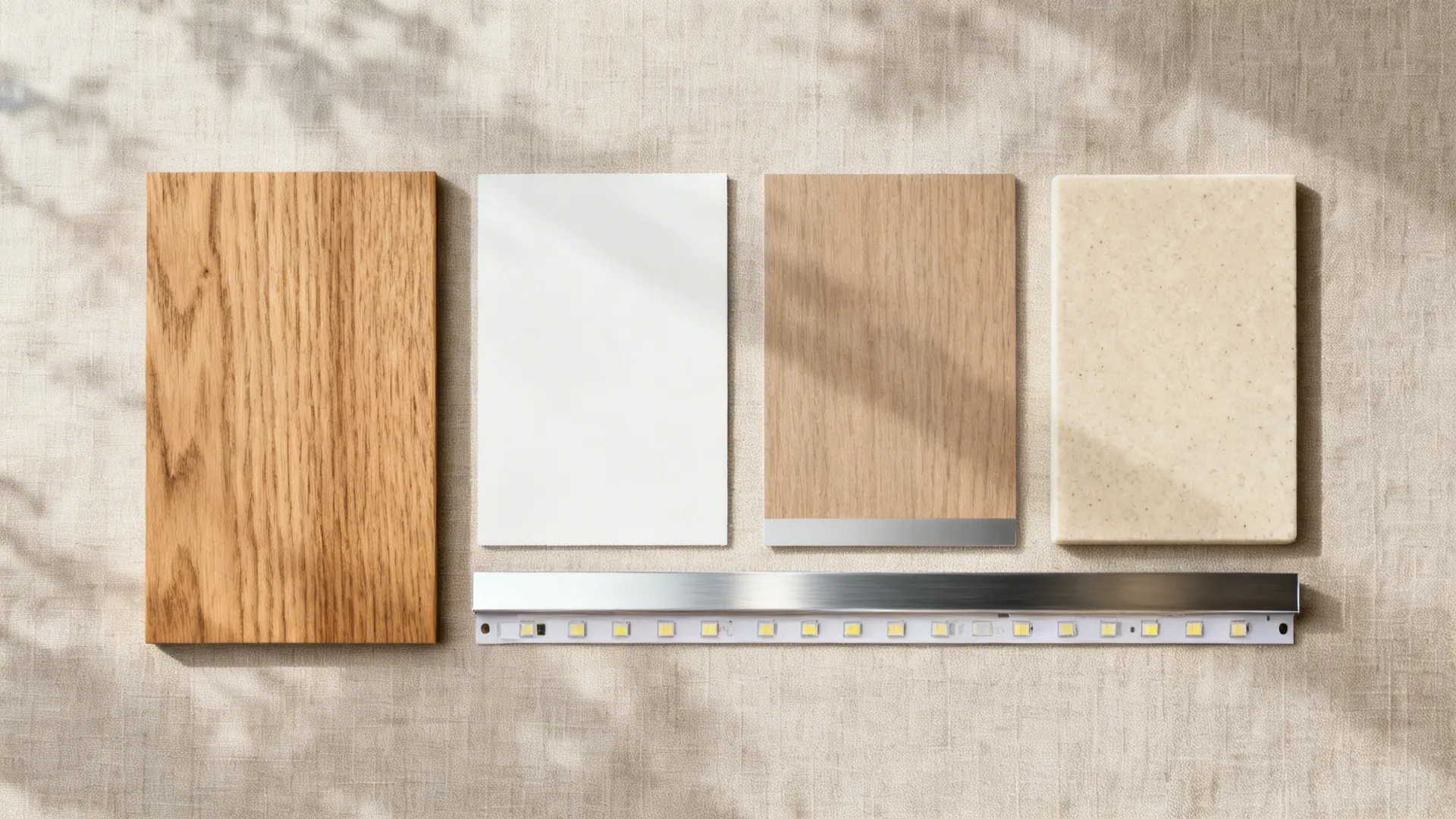 Flat lay of oak veneer, warm-white paint, laminate, aluminum edge, quartz, and LED strip samples.