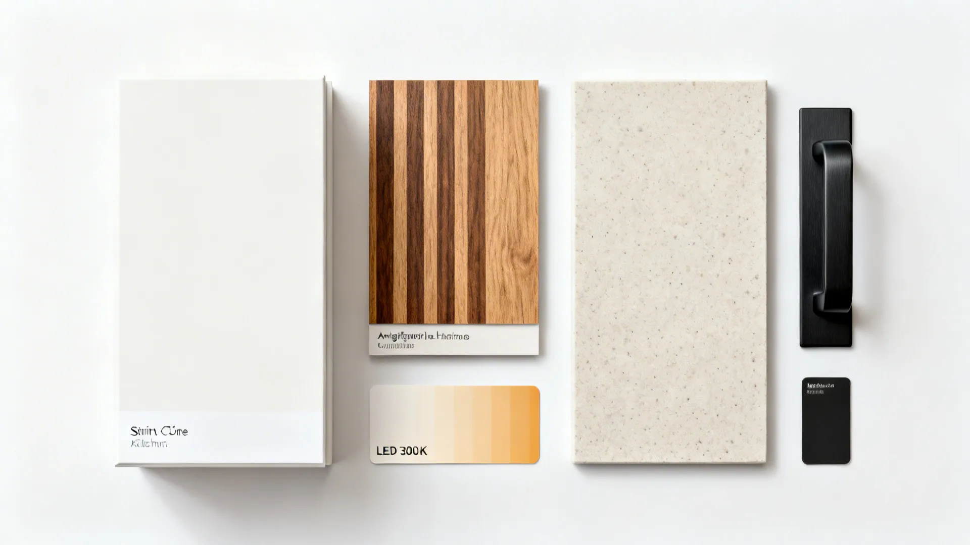 Interior design material board with white panel wood sample stone tile black handle and light swatch