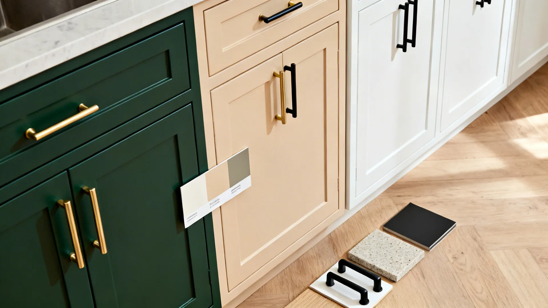 Flat lay with green and linen paint swatches, brass and black hardware, quartz and light oak samples.