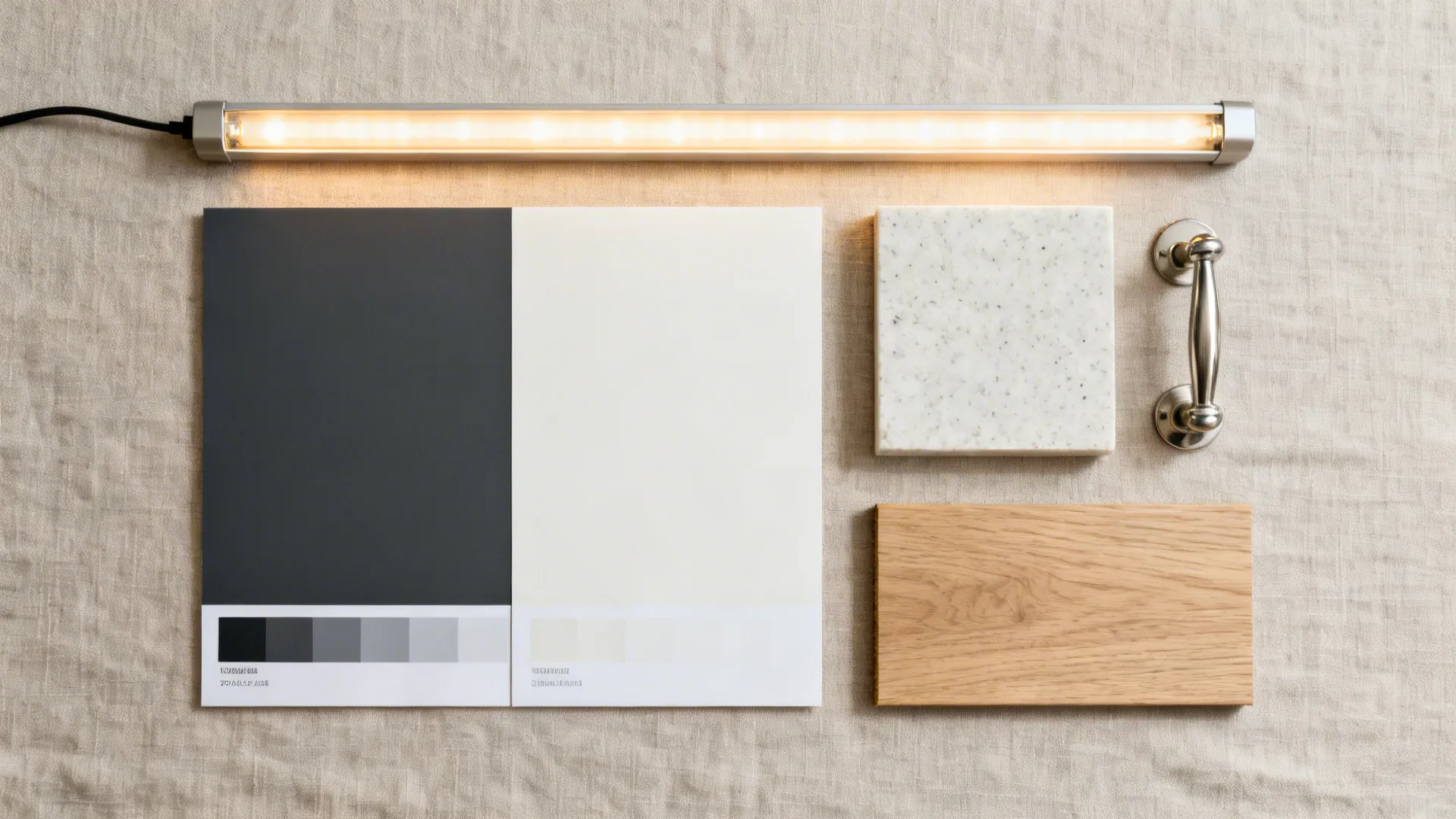 Top-down materials board with charcoal and off-white swatches, quartz, hardware, and LED strip.