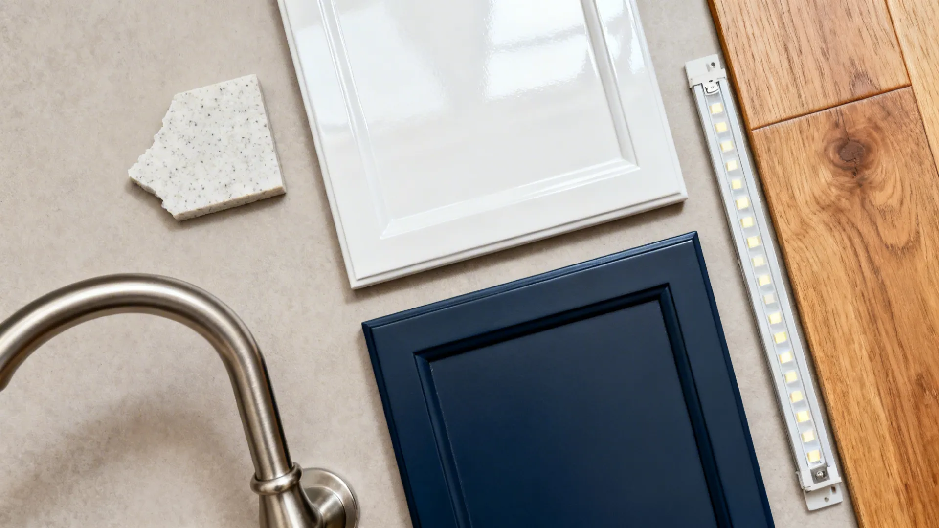 Flat lay of two-tone acrylic samples with quartz, handle, oak flooring, and LED strip.