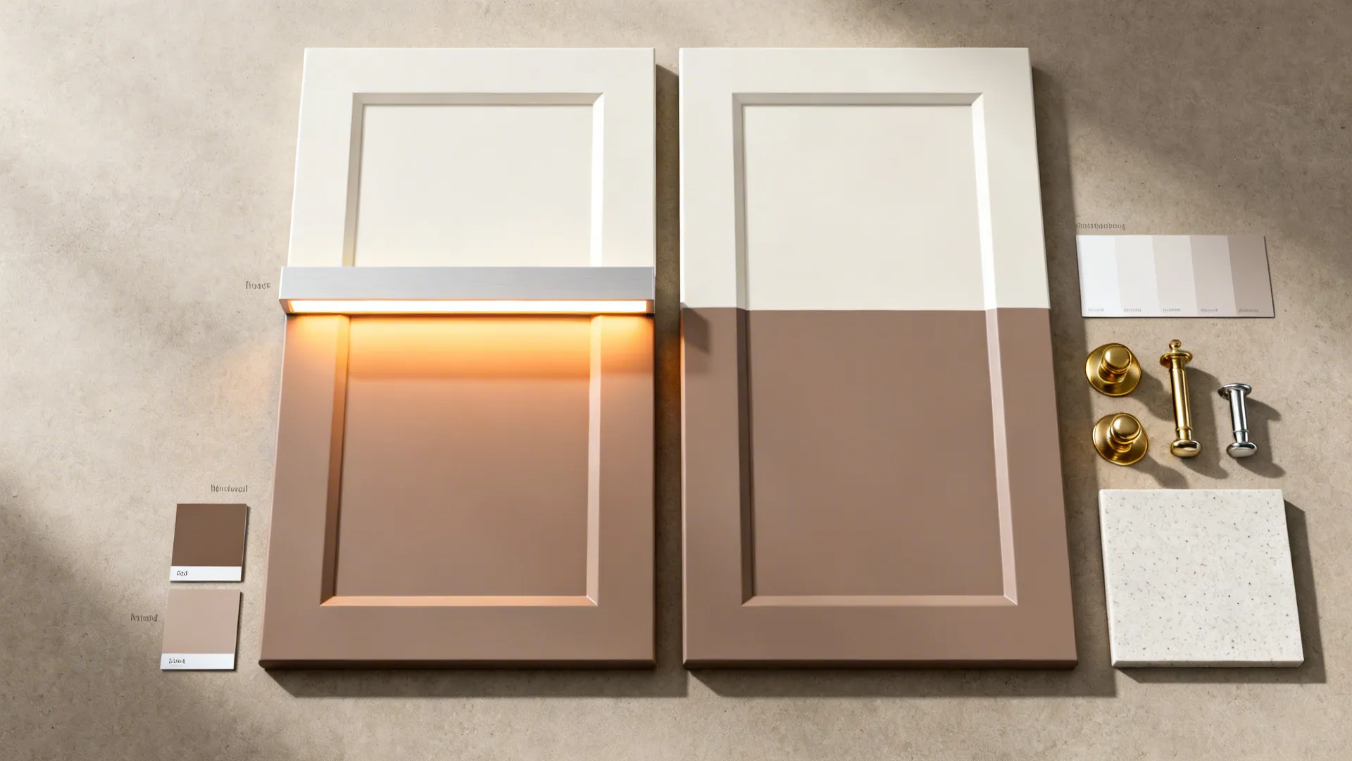 Top-down flatlay of clay base and warm white upper cabinet samples with hardware and lighting.