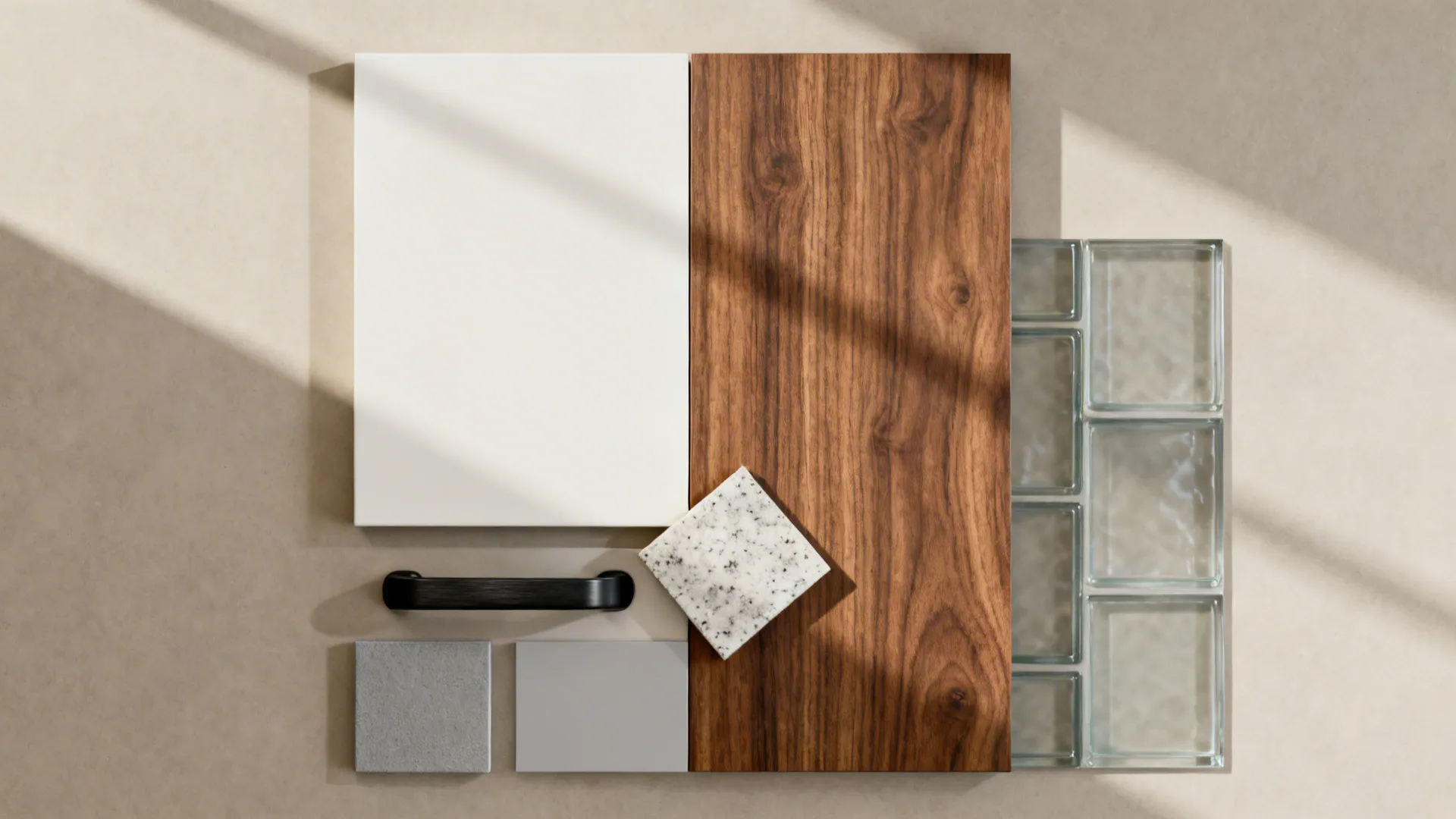 Flatlay of warm white matte laminate, walnut laminate, quartz, and black hardware.