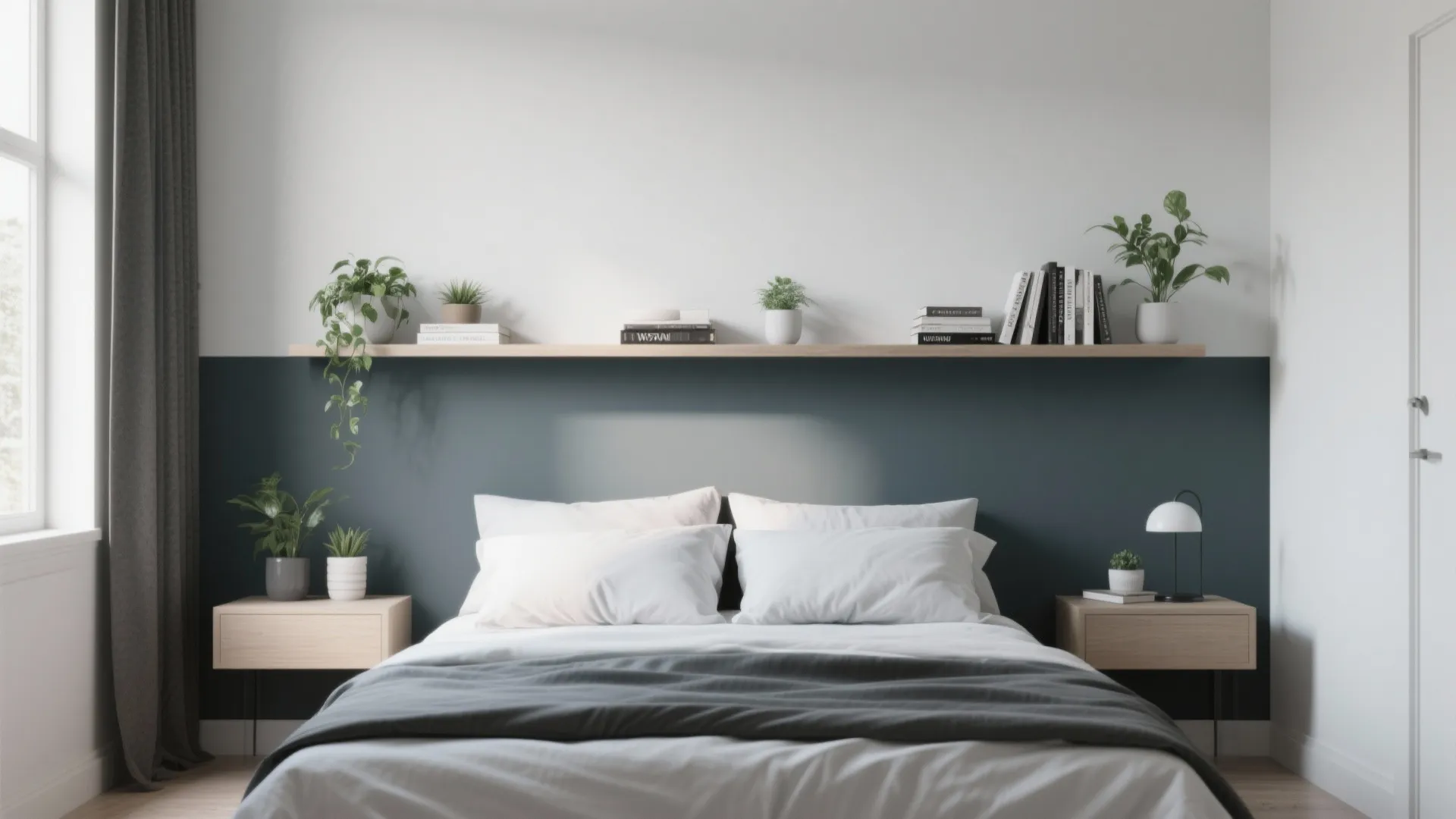 Modern bedroom featuring a long wooden floating shelf above bed with plants and various books