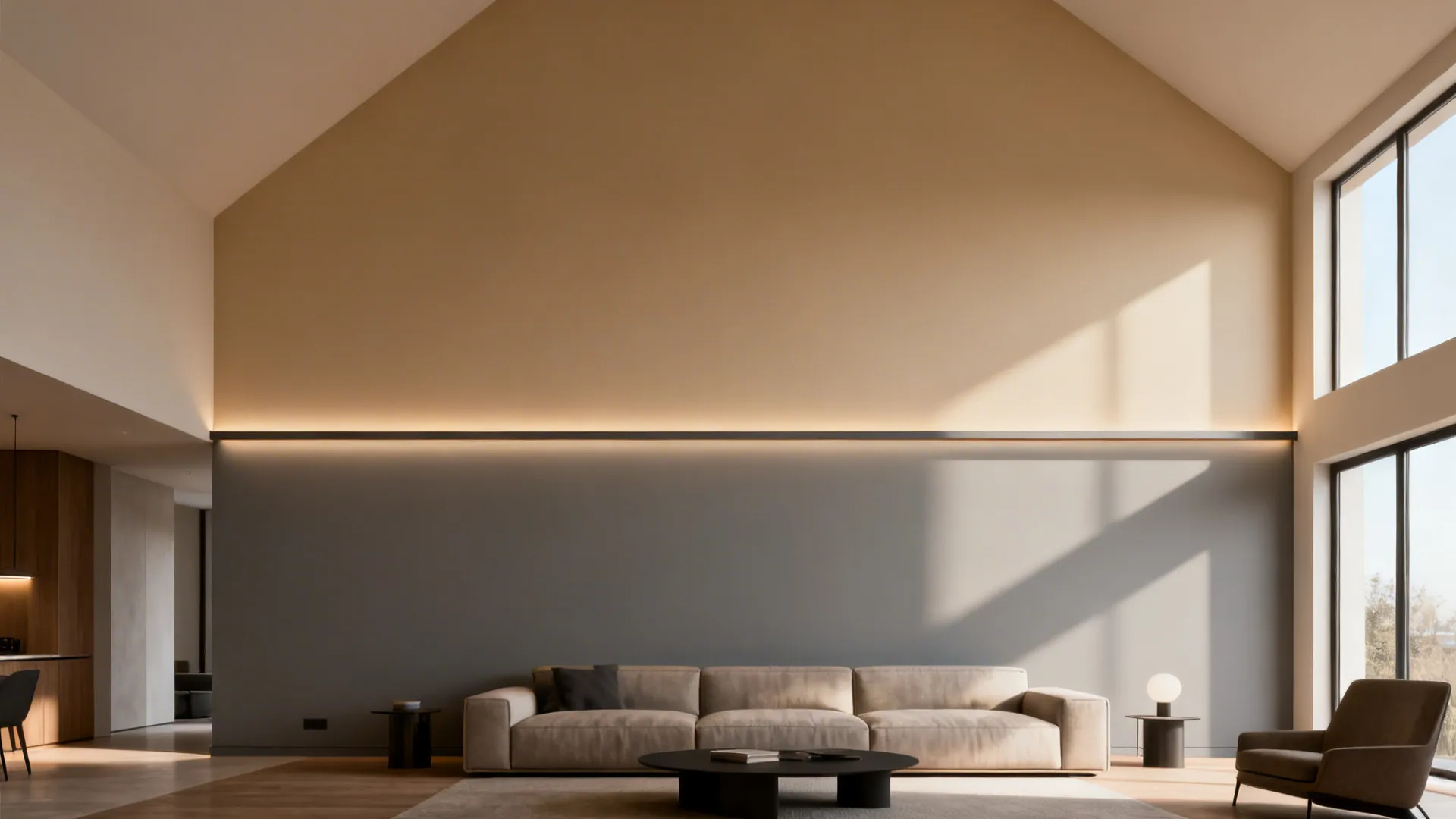 Open-plan loft with two-tone vaulted accent wall and minimal floating trim above the sofa.