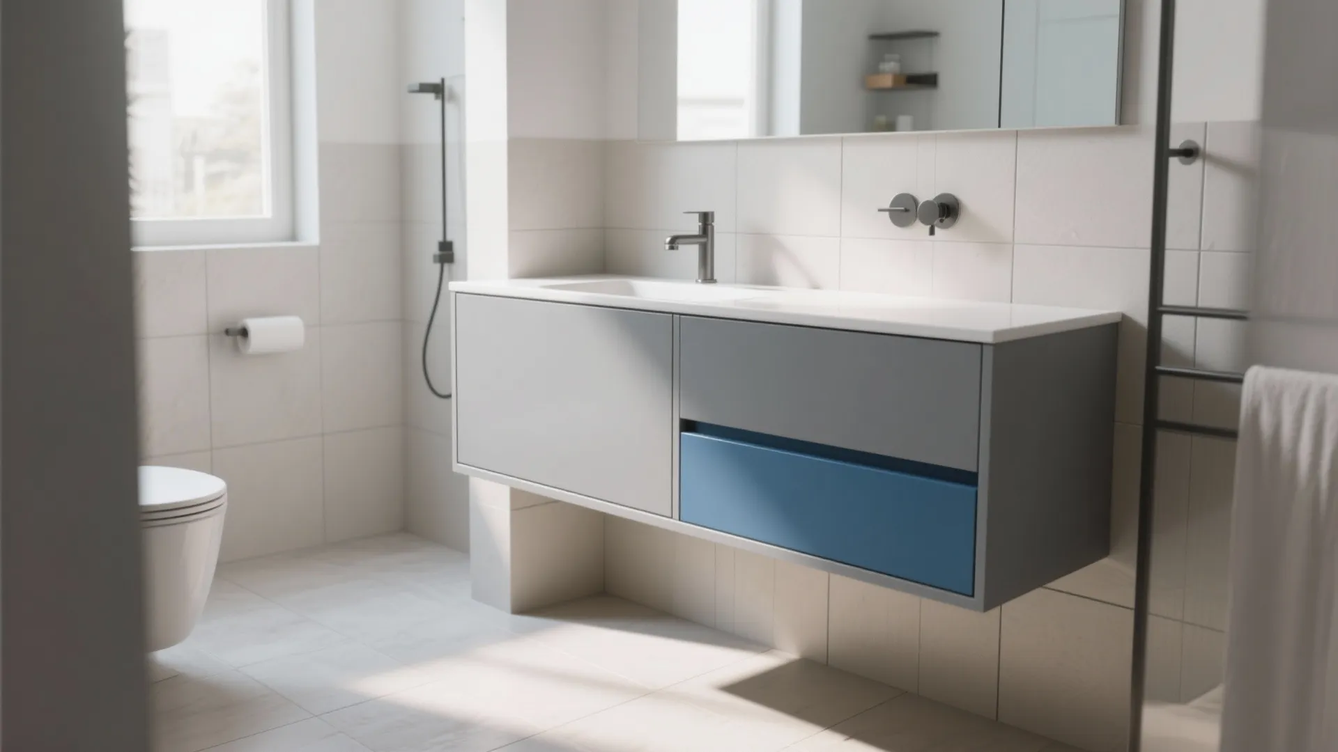 2. Two-Tone Gray and Blue Floating Vanity