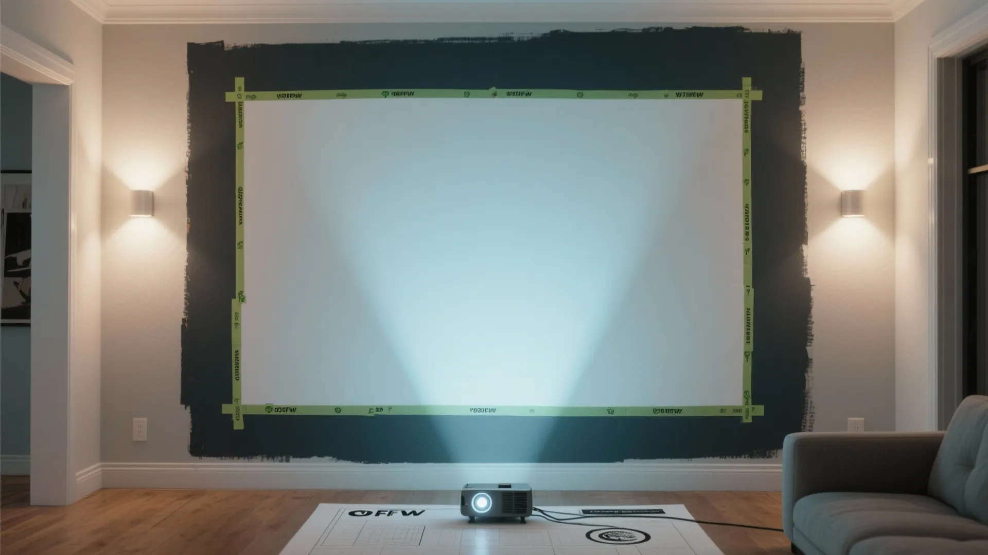 Projector displaying light on a white wall framed by green tape in a dark room