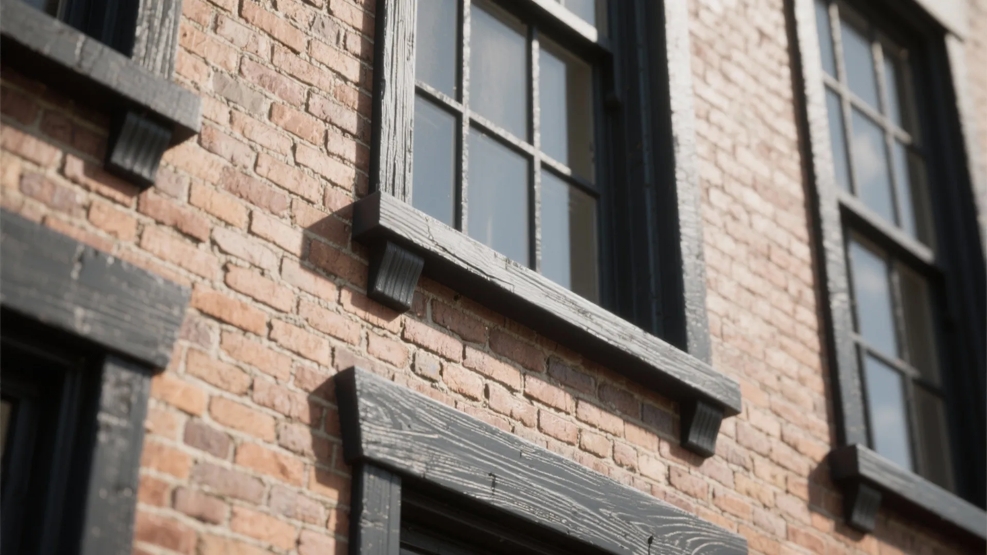 Exterior red brick wall with black wooden windows showing a classic house facade renovation design detail