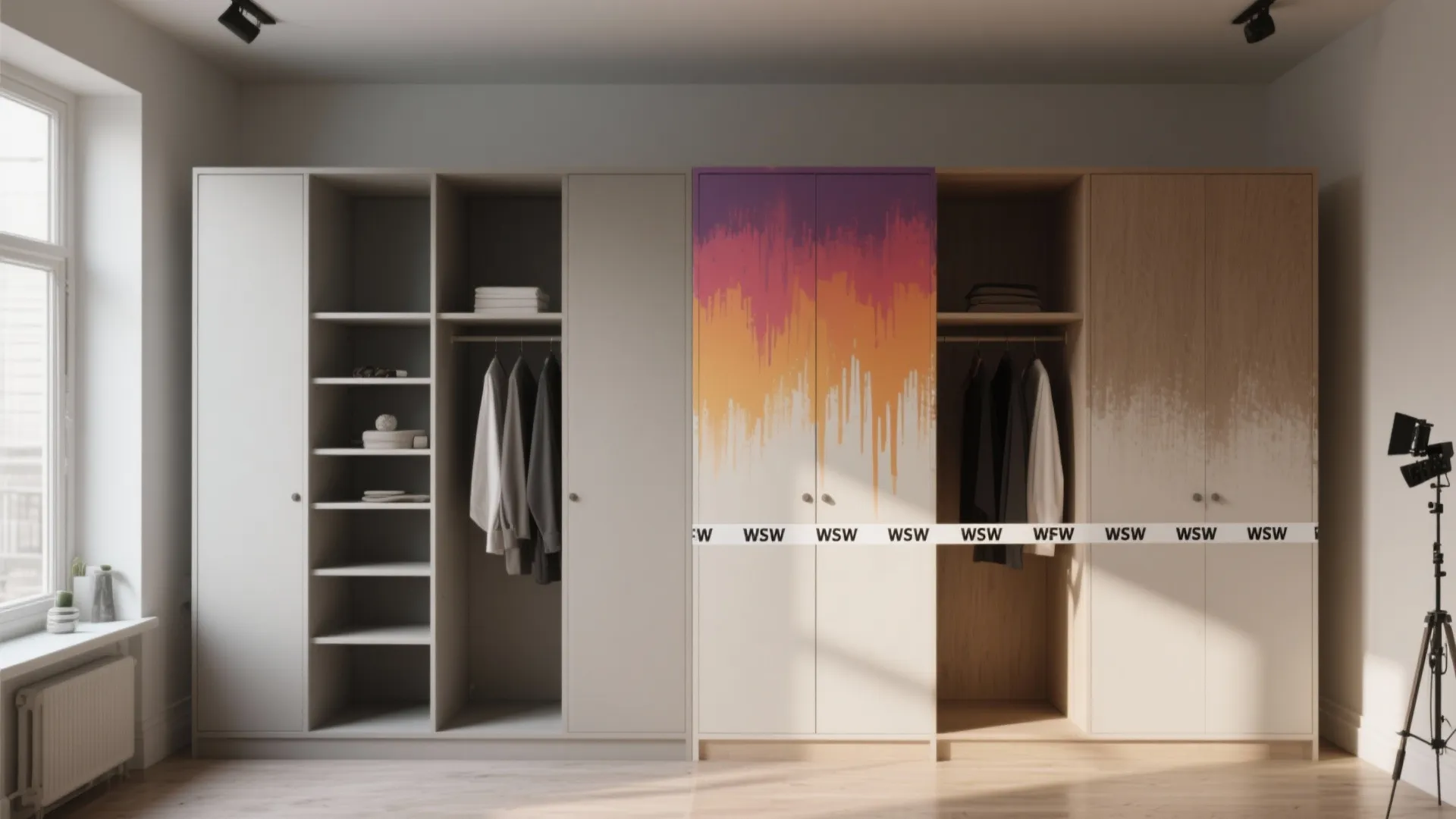 Modern wardrobe with open shelves and hanging clothes showing colorful orange and purple painted doors