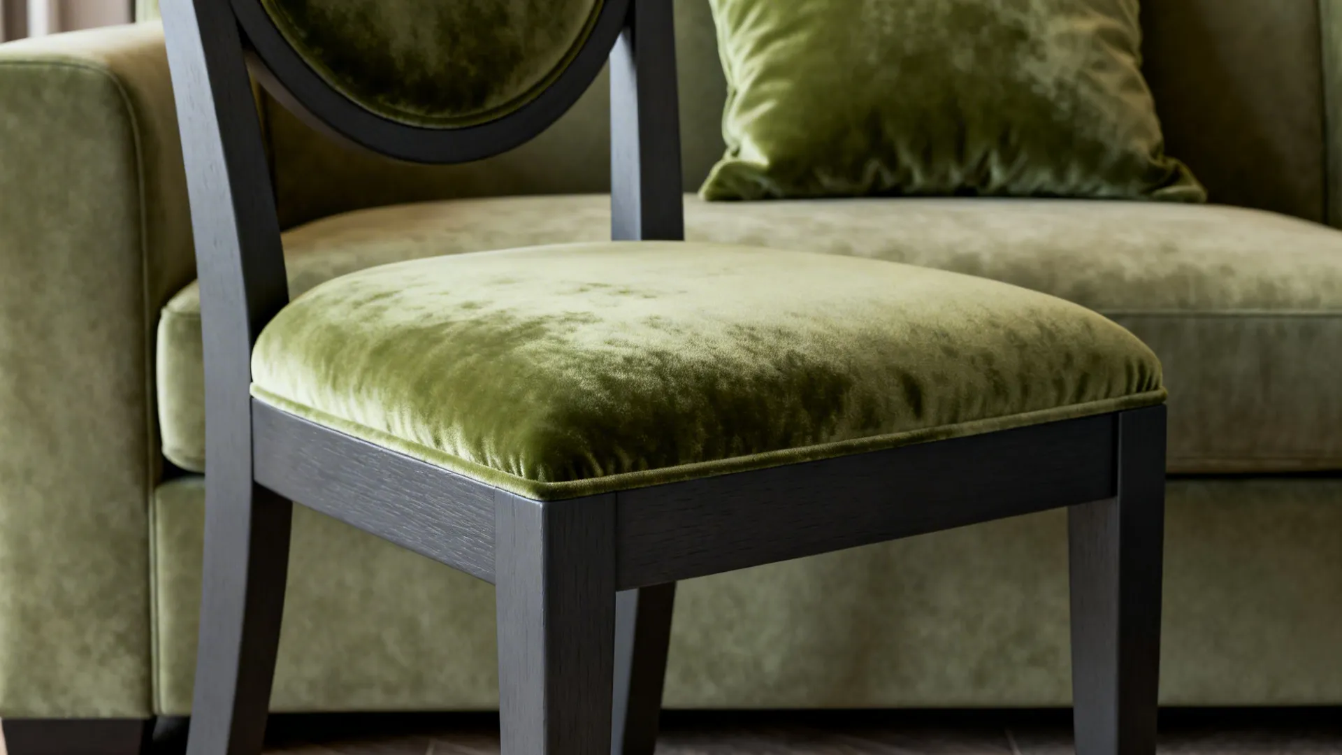 Charcoal grey framed chair with sage velvet upholstery showing material contrast