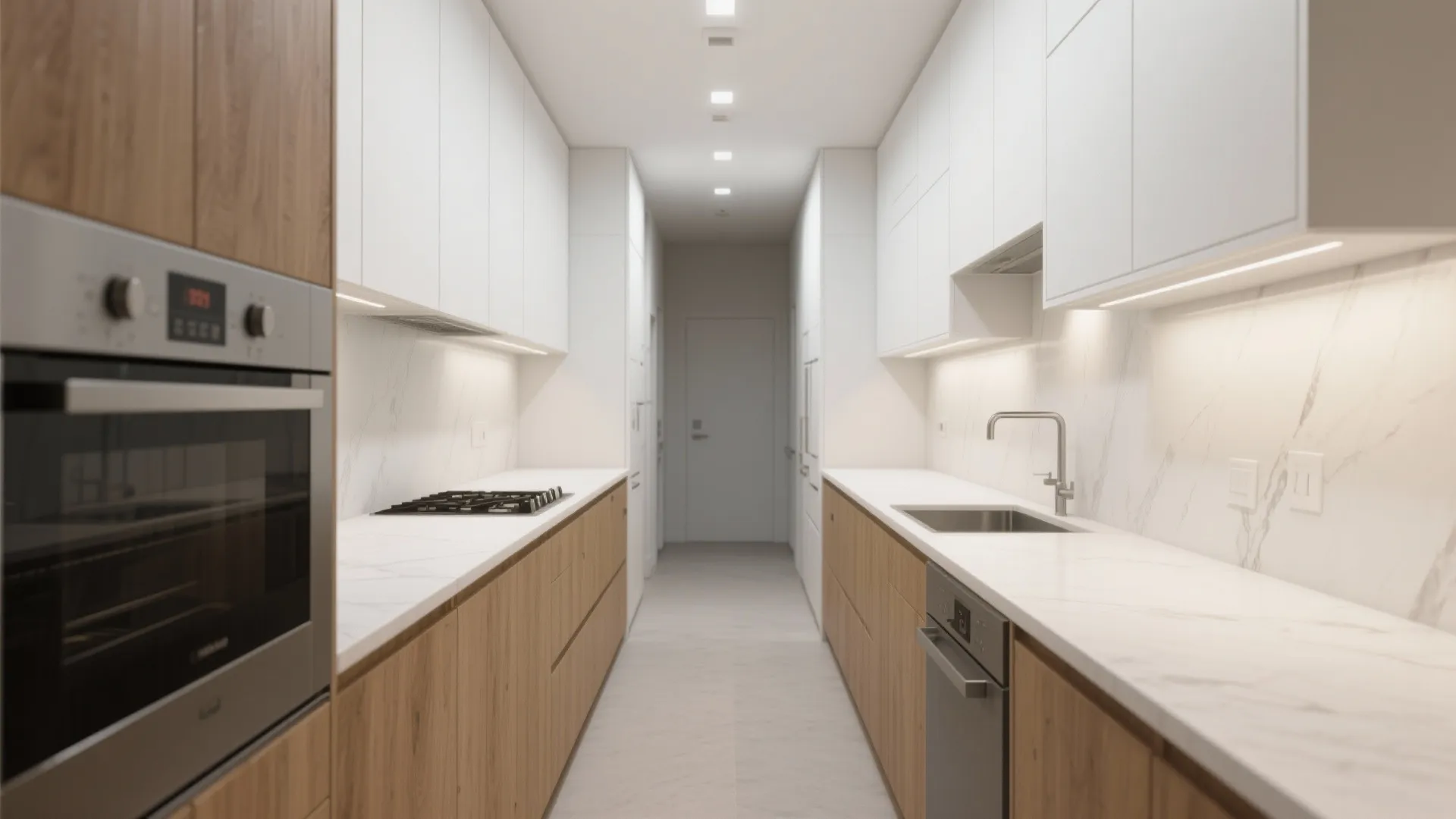 Galley kitchen with painted white uppers and white oak base cabinets creating visual height