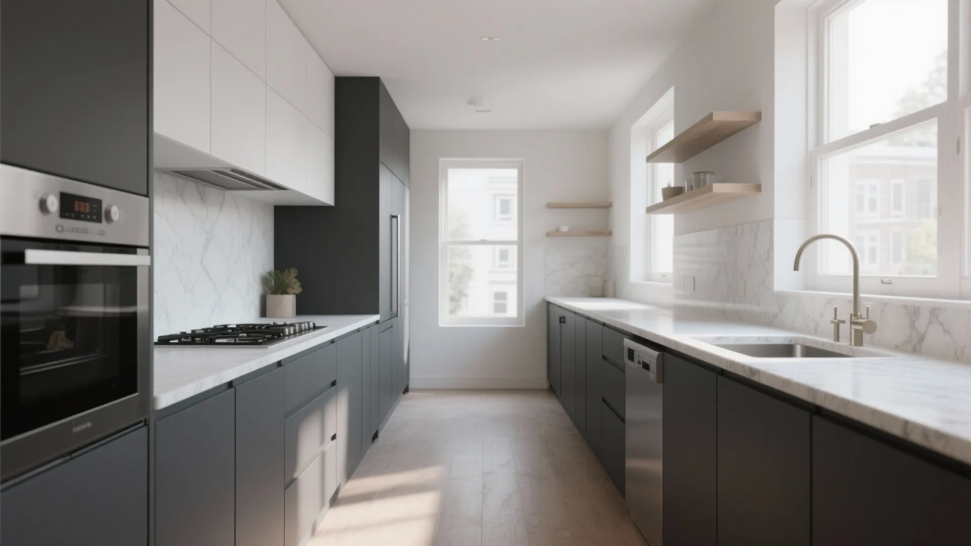 3. Two-tone layout: dark lower cabinets, light upper units