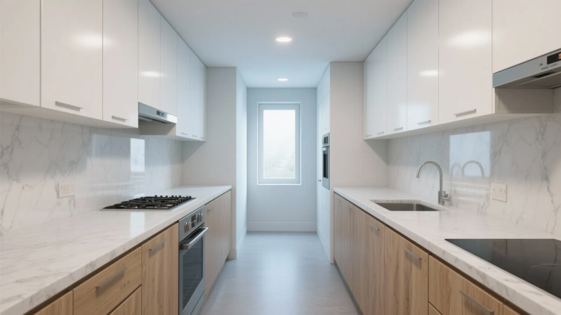 Galley kitchen with white oak lowers and soft white painted uppers making the space feel taller