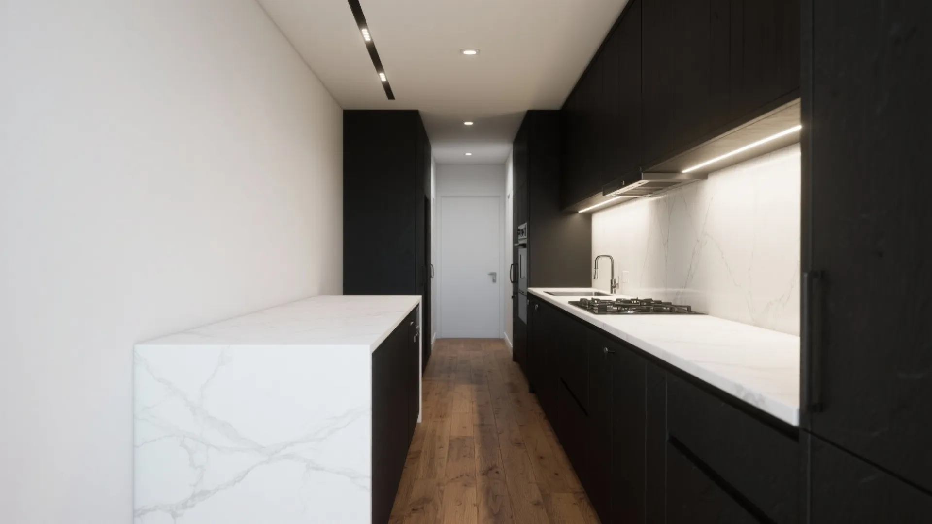 Modern galley kitchen with black cabinets white marble counters wood floors and recessed ceiling light