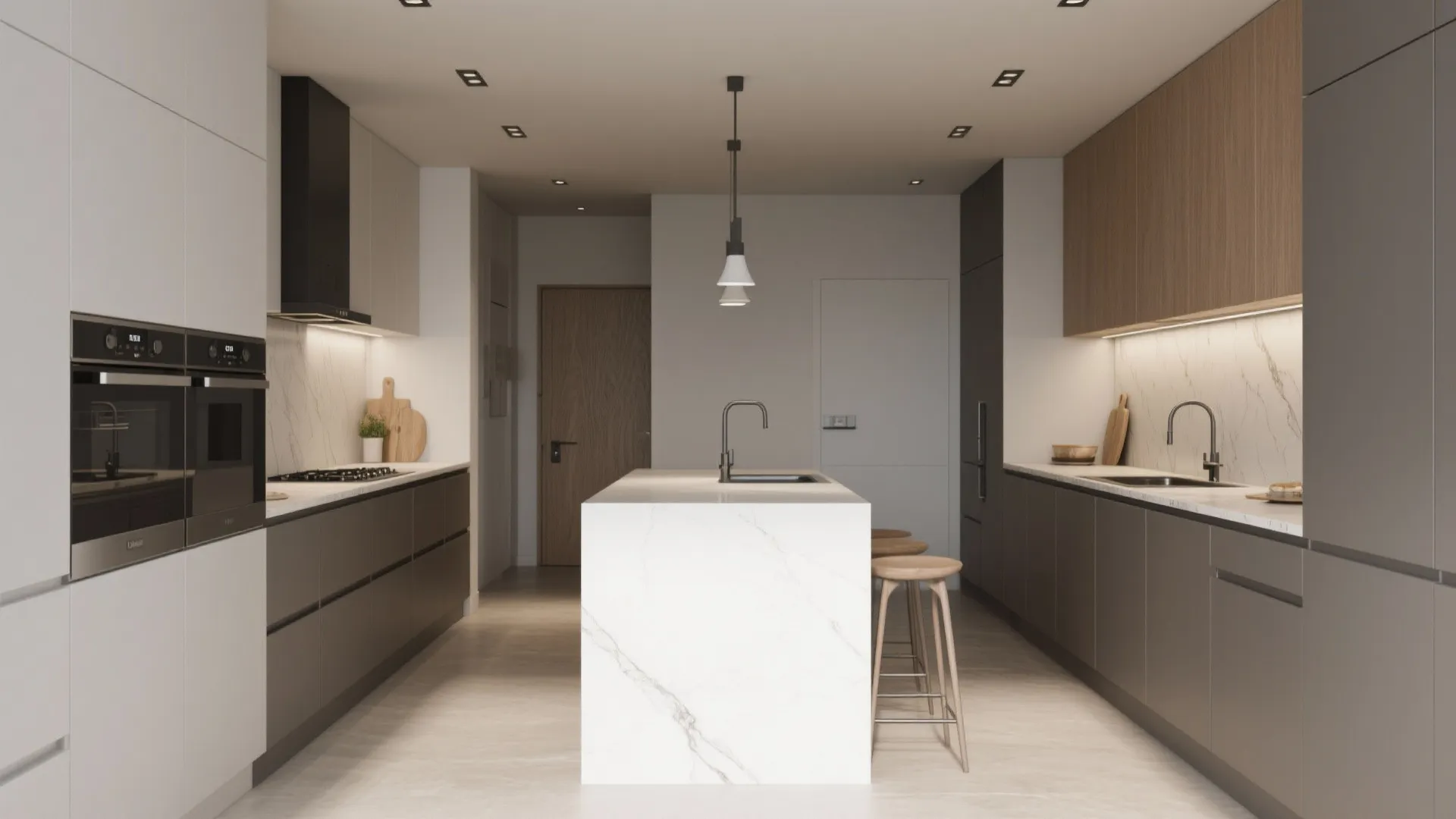 3. Two-Tone Countertops: Grey on the Perimeter, White Island