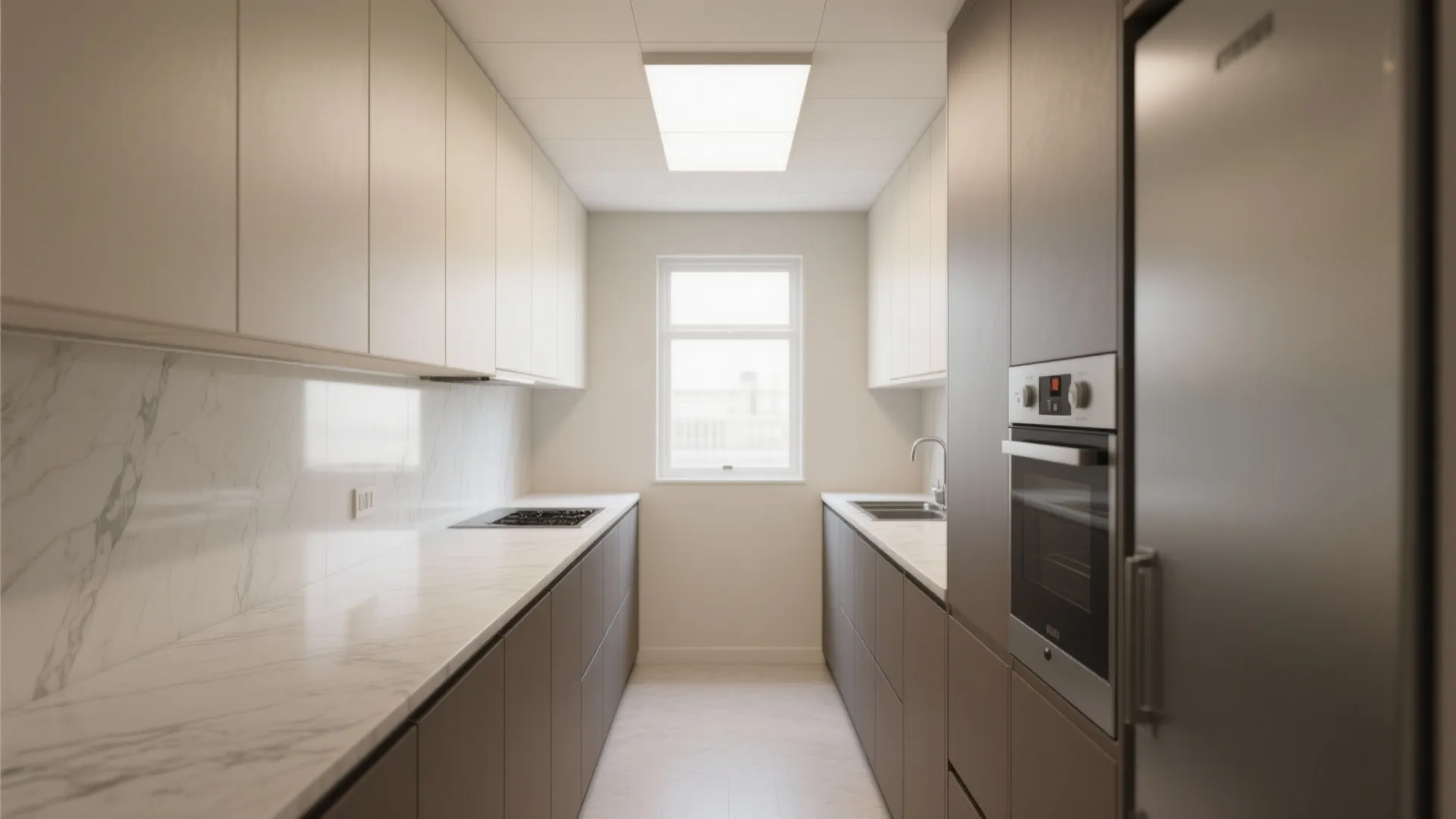 2. Two-Tone Cabinets: Grey Brown Lower, Cream Upper