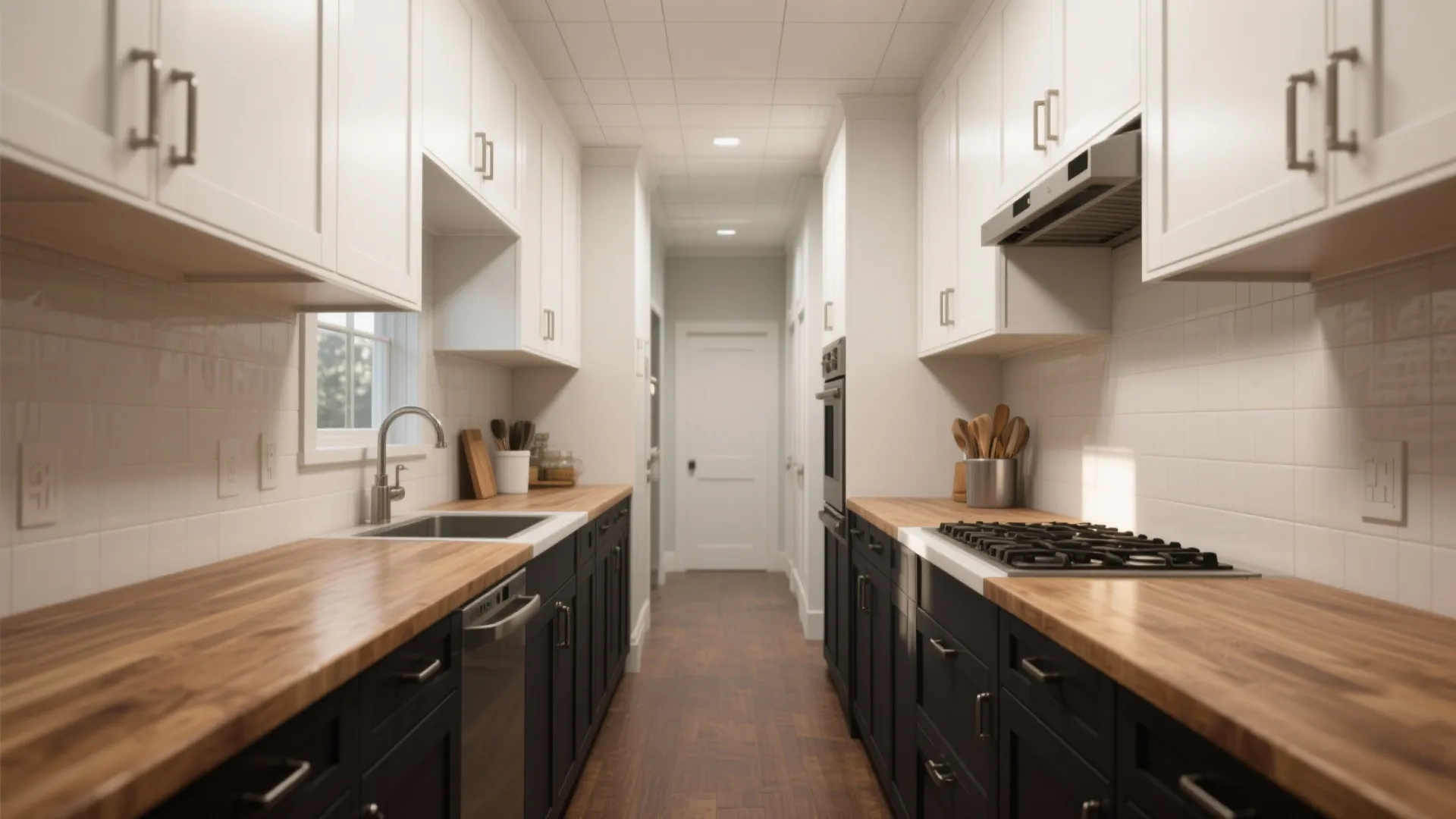 5. Two-tone white upper, darker lower cabinets for balance