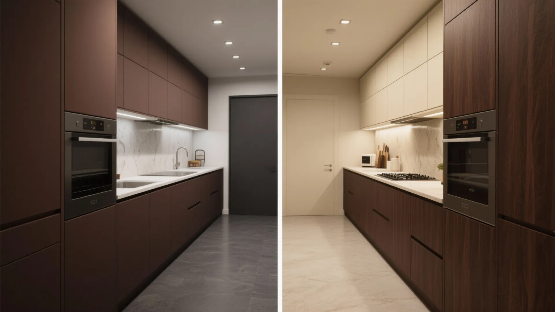 Split view showing deep brown lower cabinets with dark upper vs. deep brown lower with lighter upper to lift the ceiling