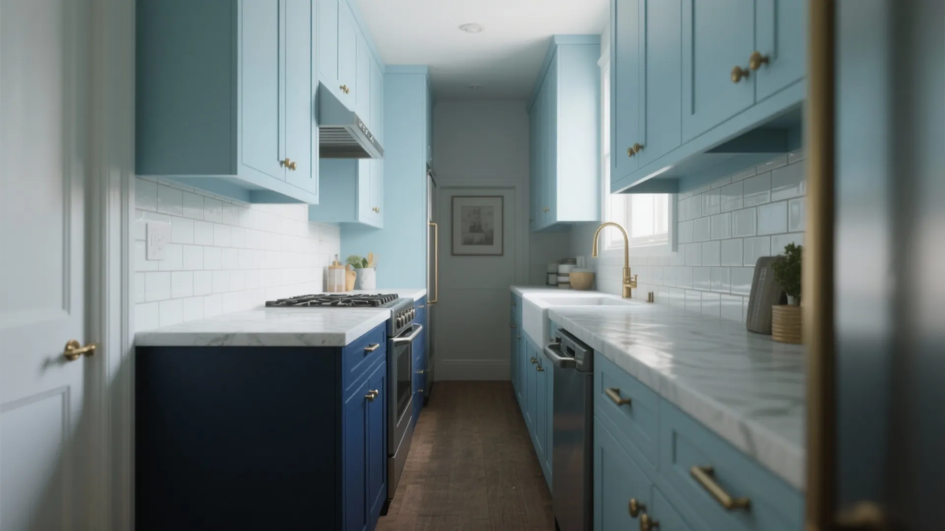 2. Two-tone contrast for depth in tight galley kitchens